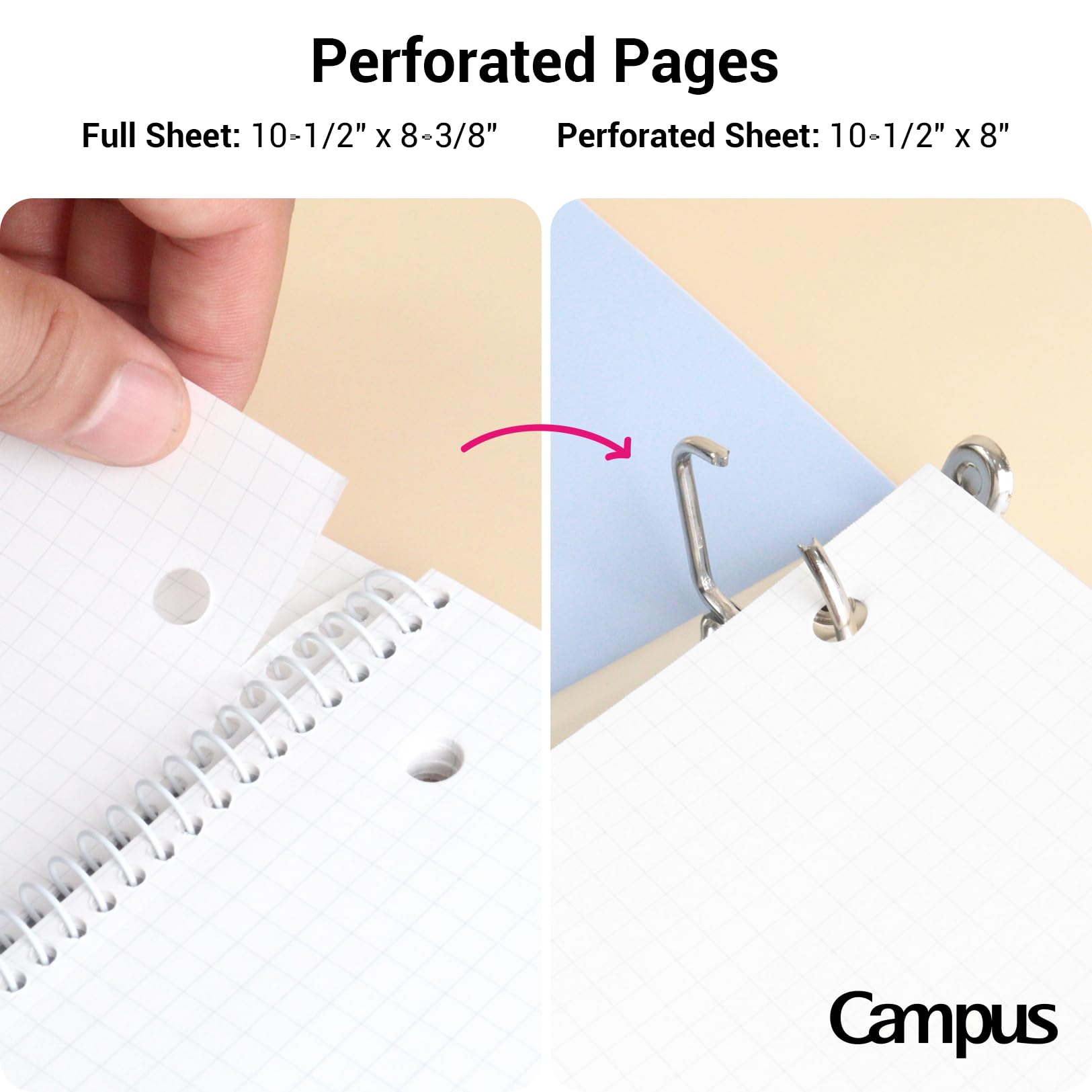 KOKUYO Spiral Notebook with 5x5 Graph Paper, 3 Pack Campus 10-1/2" x 8" Subject Notebooks, 80 Sheets, Light Pink Blue Off-White 3 Holes School Spiral Journal for Study Planner Drawing (WSG-SU-400G4×3)