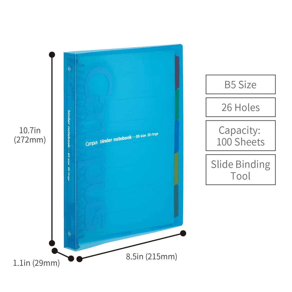 Kokuyo Campus Slide Binder with 5 Tab Dividers, Middle Type, B5, 26 Holes, Up to 100 Sheets, 3 Colors of Blue, Pink & Transparent, Japan Import (RU-P333)
