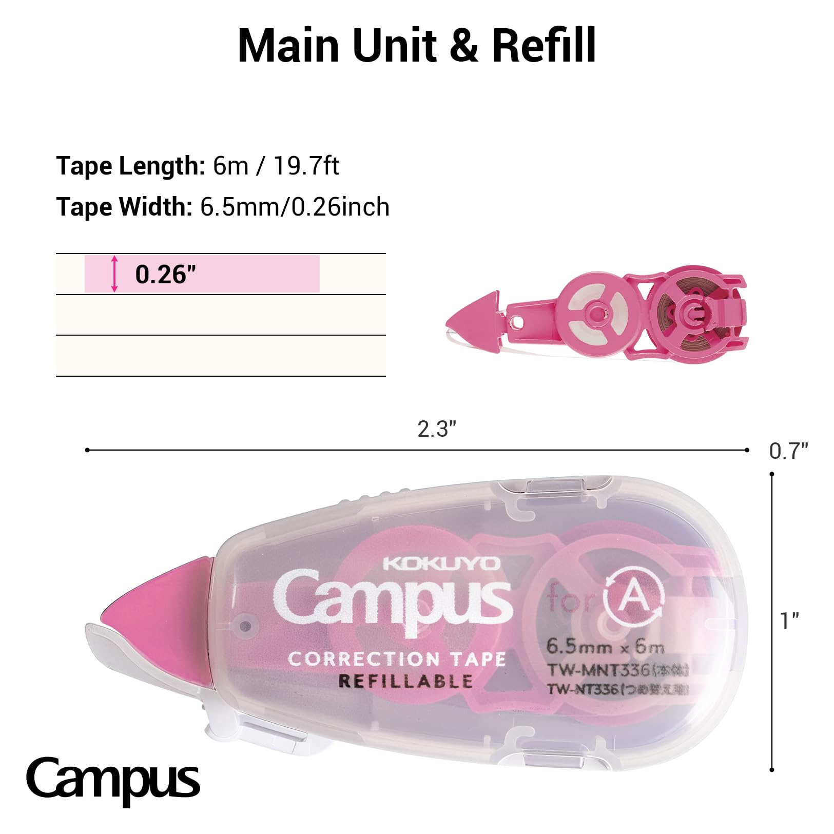 KOKUYO Refillable Correction Tape and Refill, 19.7 ft (6 m) Small White Out 6.5 mm Wide Easy To Use Applicator for Instant Corrections, Metal Tip with Clean Cut, Compact Size. Japan Import (TW-MNT336)