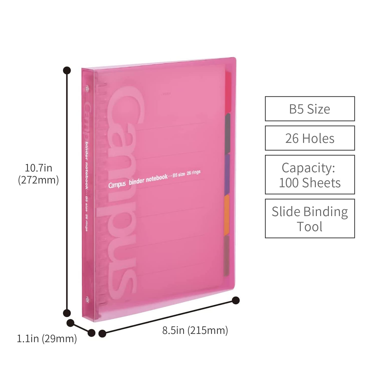KOKUYO 5 Subject Spiral Notebook, Campus B5 Refillable Journal with 5 Tab Dividers, 200 Sheets in 6mm Dotted Ruled Loose Leaf Paper, Pink, Japan Import (RU-P333NP & NO-S836BT)