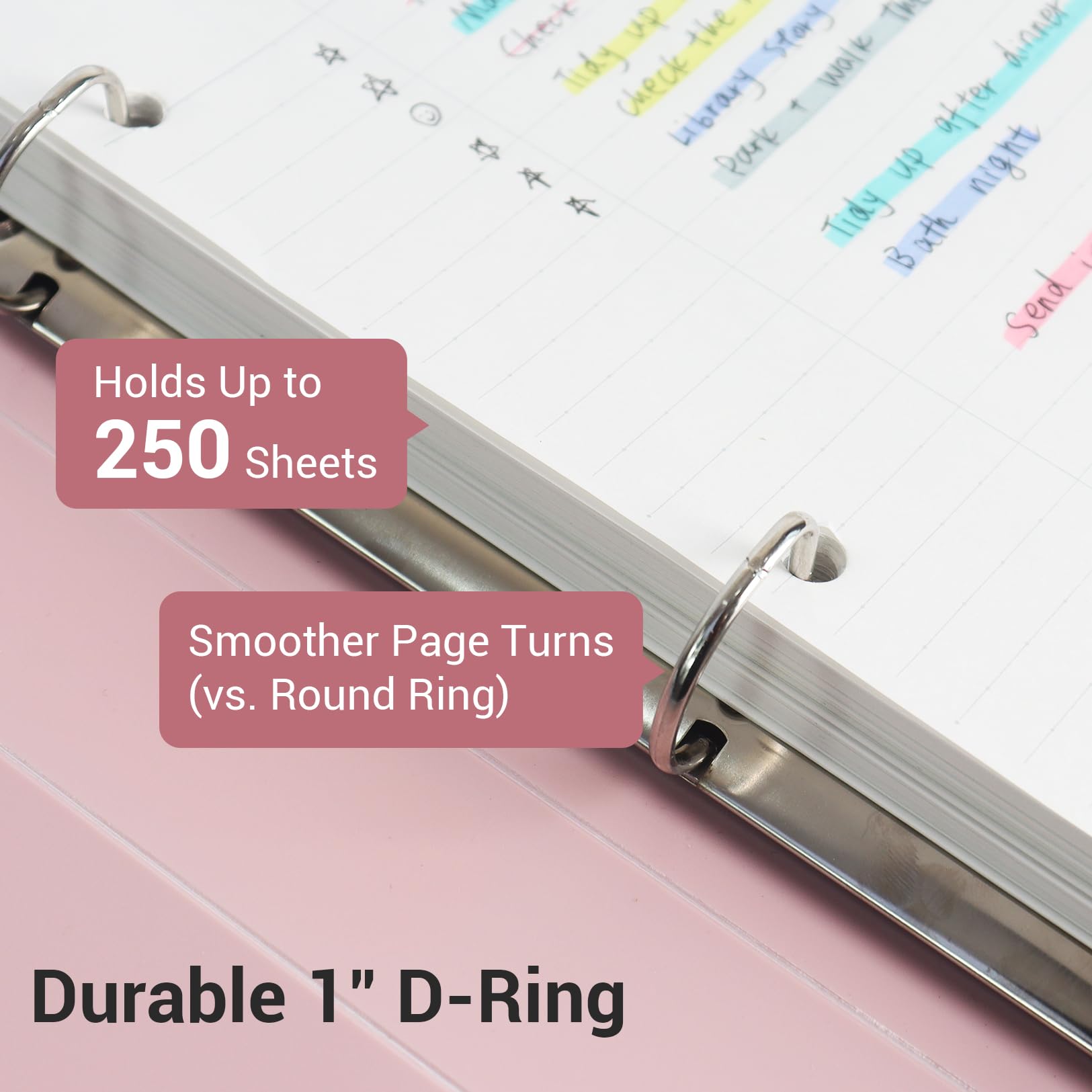 MUKAWA 1 Inch 3 Ring Binder, D-Ring Binder Holds 250 Sheets, PP Cover with Writable Spine Label, Lay-Flat Design, Letter Size 8.5x11, Lightweight for School, Office & Home Organization, 1 Pack, Pink