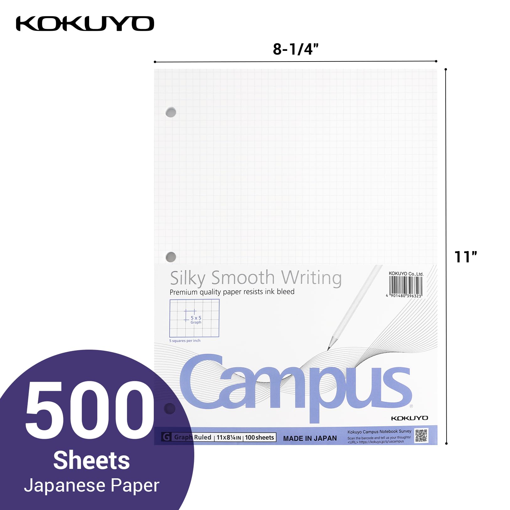 KOKUYO 5x5 Graph Paper, 8.25x11 Inches, 500 Sheets Loose Leaf Paper, Smooth Writing Surface, Bleed Resistant Filler Paper for Math, Engineering, Art Projects. Japan Import (WSG-NO-887G2x5)