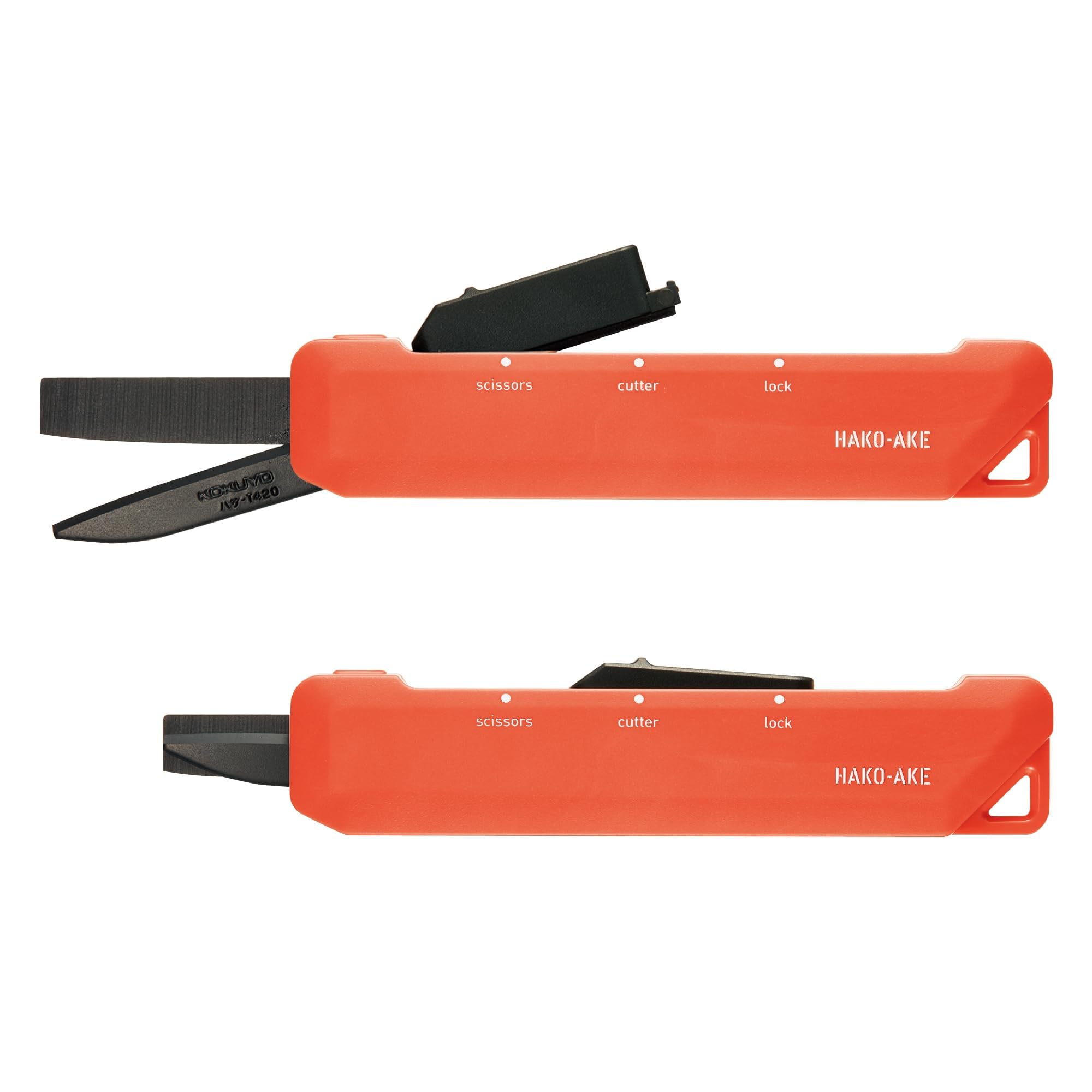 KOKUYO 2-Way Portable Scissors, HAKO-AKE Compact Pocket Size Travel Scissors, Titanium Blade All Purpose Craft Scissor Box Cutter for Office, Travel and Home. Orange (Hasa-T420YR)