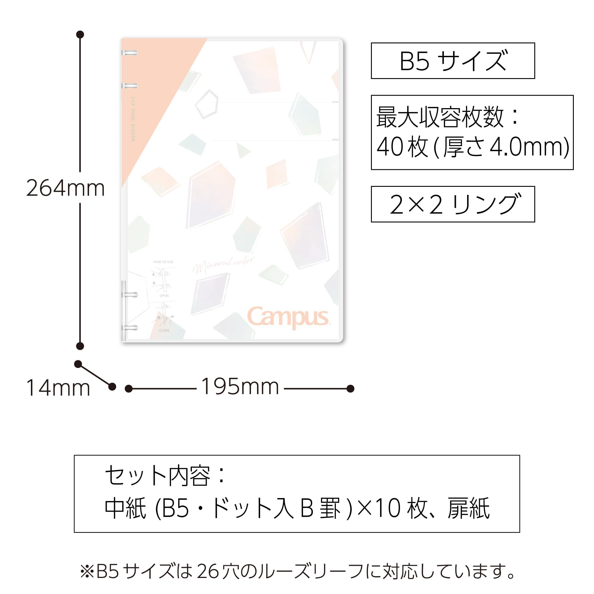 Kokuyo Campus Refillable Notebook, A5 2x2 Slim Ring Binder Notebook with Customizable Title Page, 40 Sheets Capacity. Suitable for 20 Holes Loose Leaf Paper, Pink (RU-NP134P)
