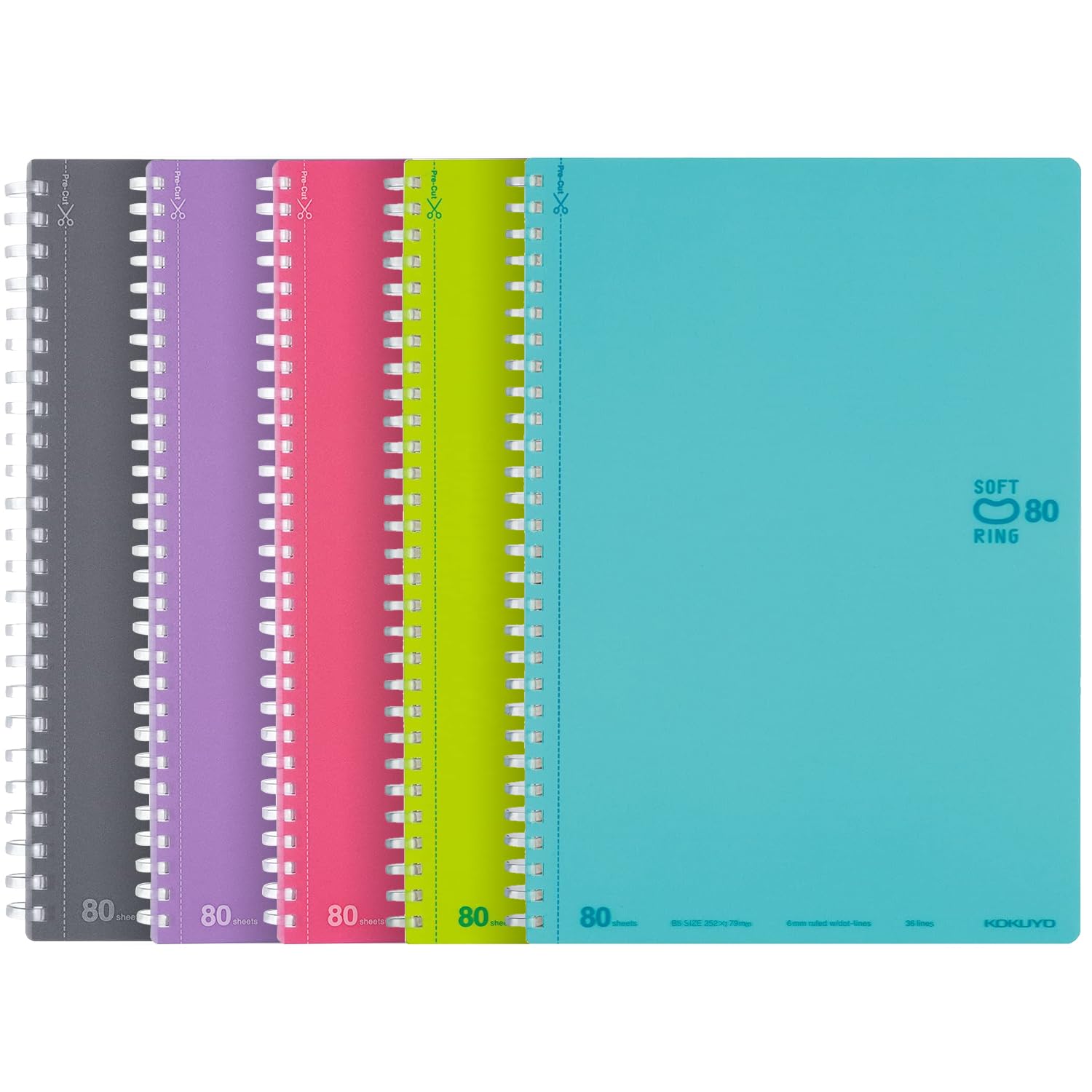 KOKUYO Spiral Lined Notebook, 5 Pack 10'' x 7'' Pastel Journal B5 Soft Ring Notebooks with Dot 6 mm Ruled, 80 Sheets, 1 Subject Notebook, Note Taking for School. Japan Import (SU-SV308BT)