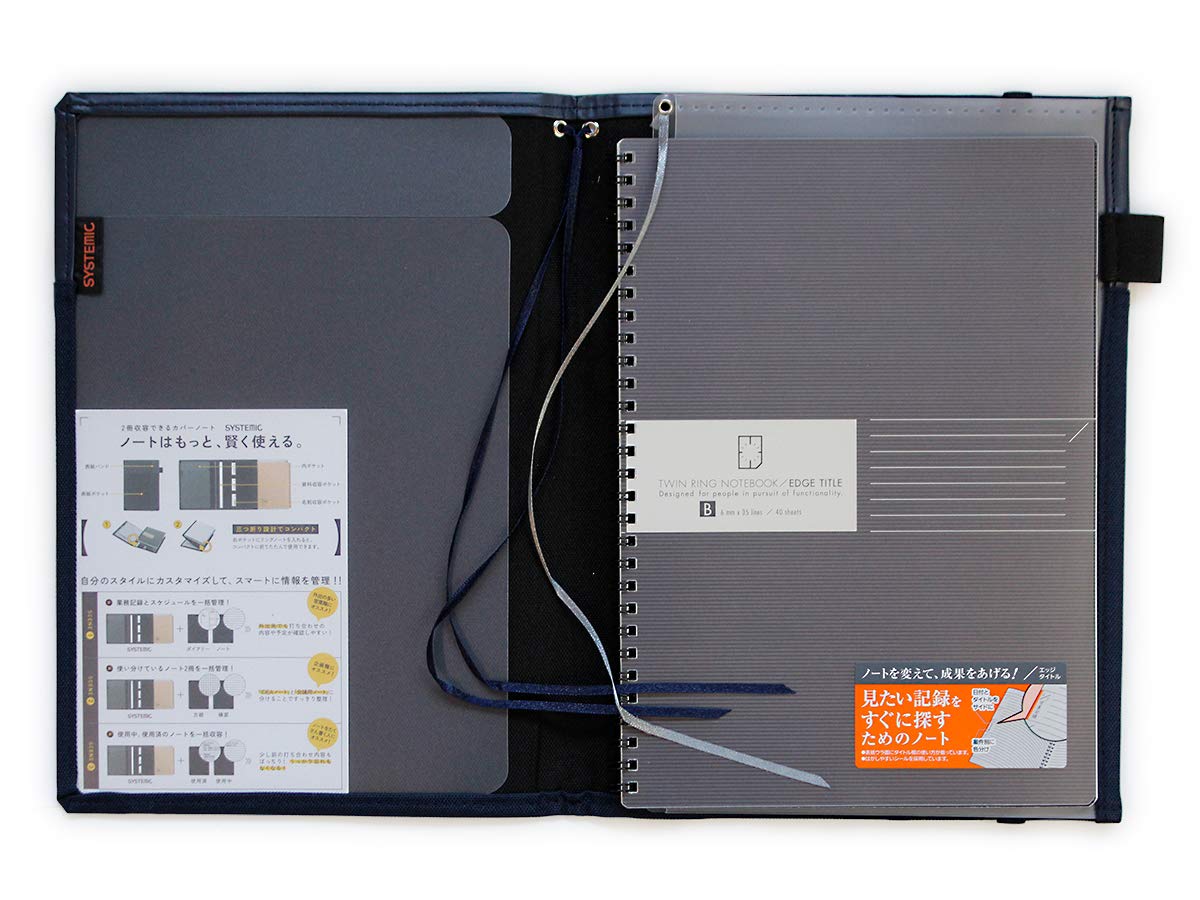 KOKUYO Systemic Synthetic Leather Cover Notebook, with One Semi-B5, B 6mm Ruled, 35 Lines, 40 Sheets, Twin Ring Edge Title Notebook, Navy Blue, Japan Import (NO-V683B-DB)