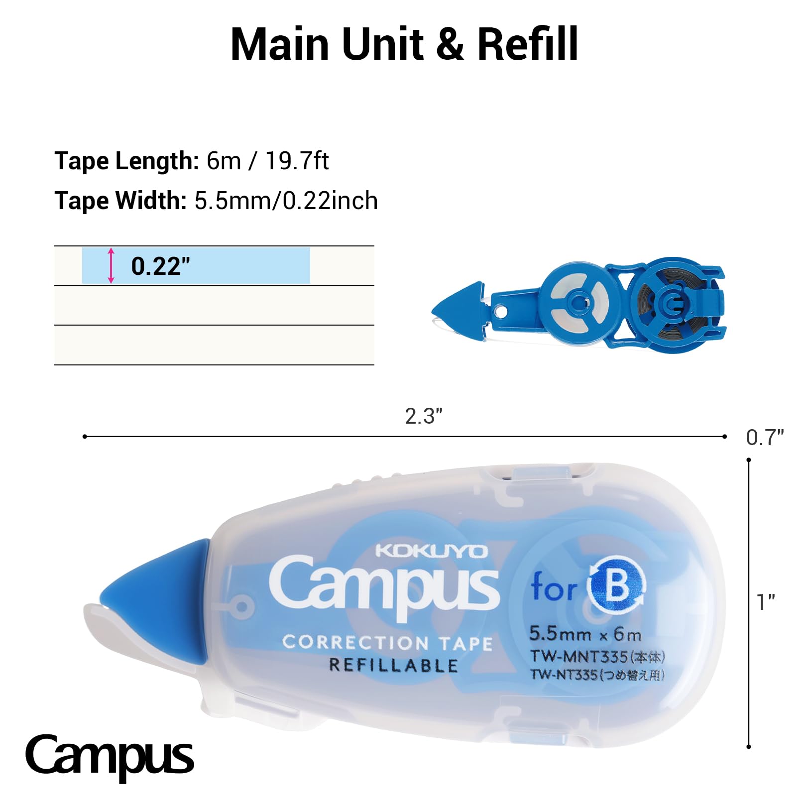 KOKUYO Refillable Correction Tape and Refill, 19.7 ft (6 m) Small White Out 5.5 mm Wide Easy To Use Applicator for Instant Corrections, Metal Tip with Clean Cut, Compact Size. Japan Import (TW-MNT335)