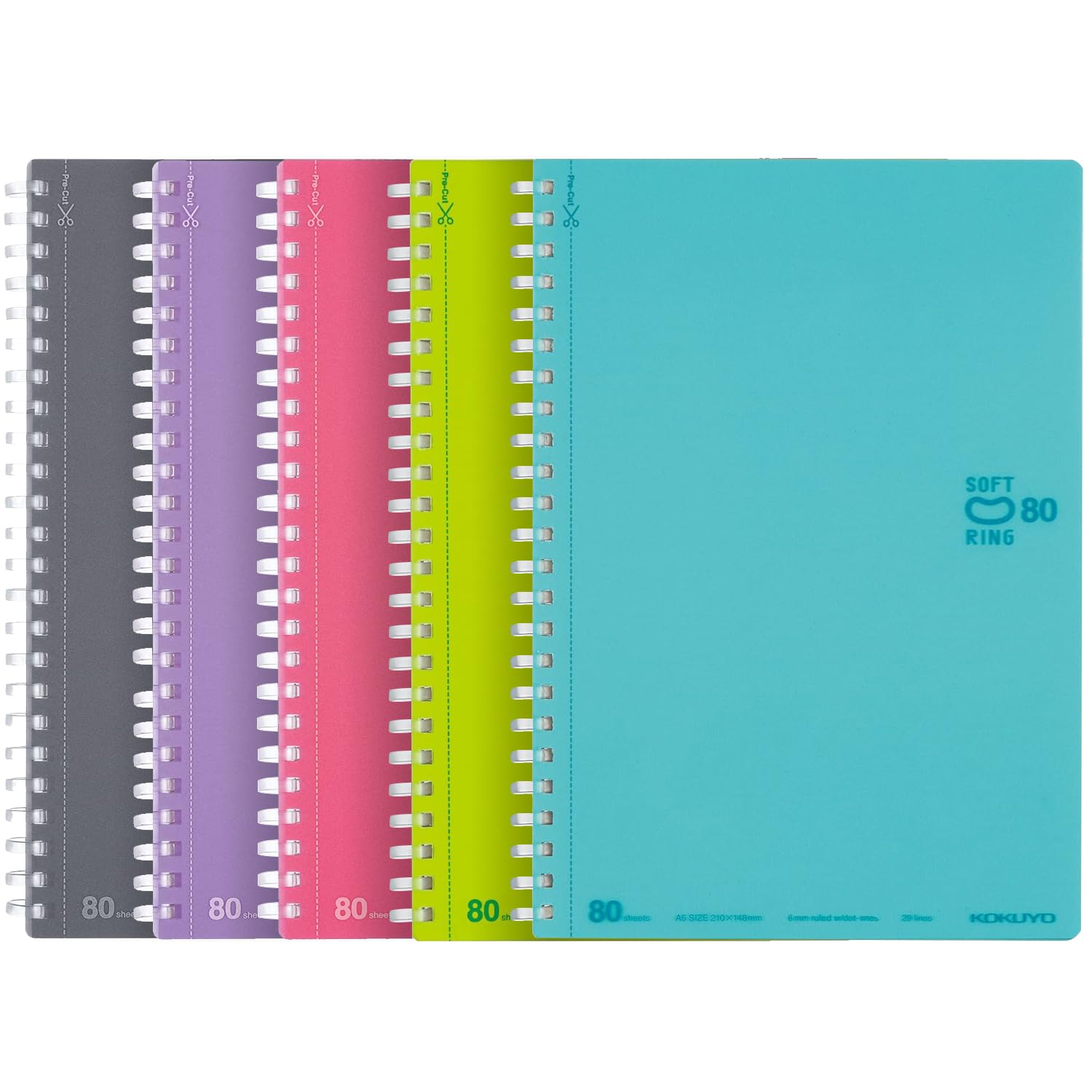 KOKUYO Spiral Lined Notebook, 5 Pack 8.3'' x 5.8'' Pastel Journal A5 Soft Ring Notebooks with Dot 6 mm Ruled, 80 Sheets, 1 Subject Notebook, Note Taking for School. Japan Import (SU-SV338BT)