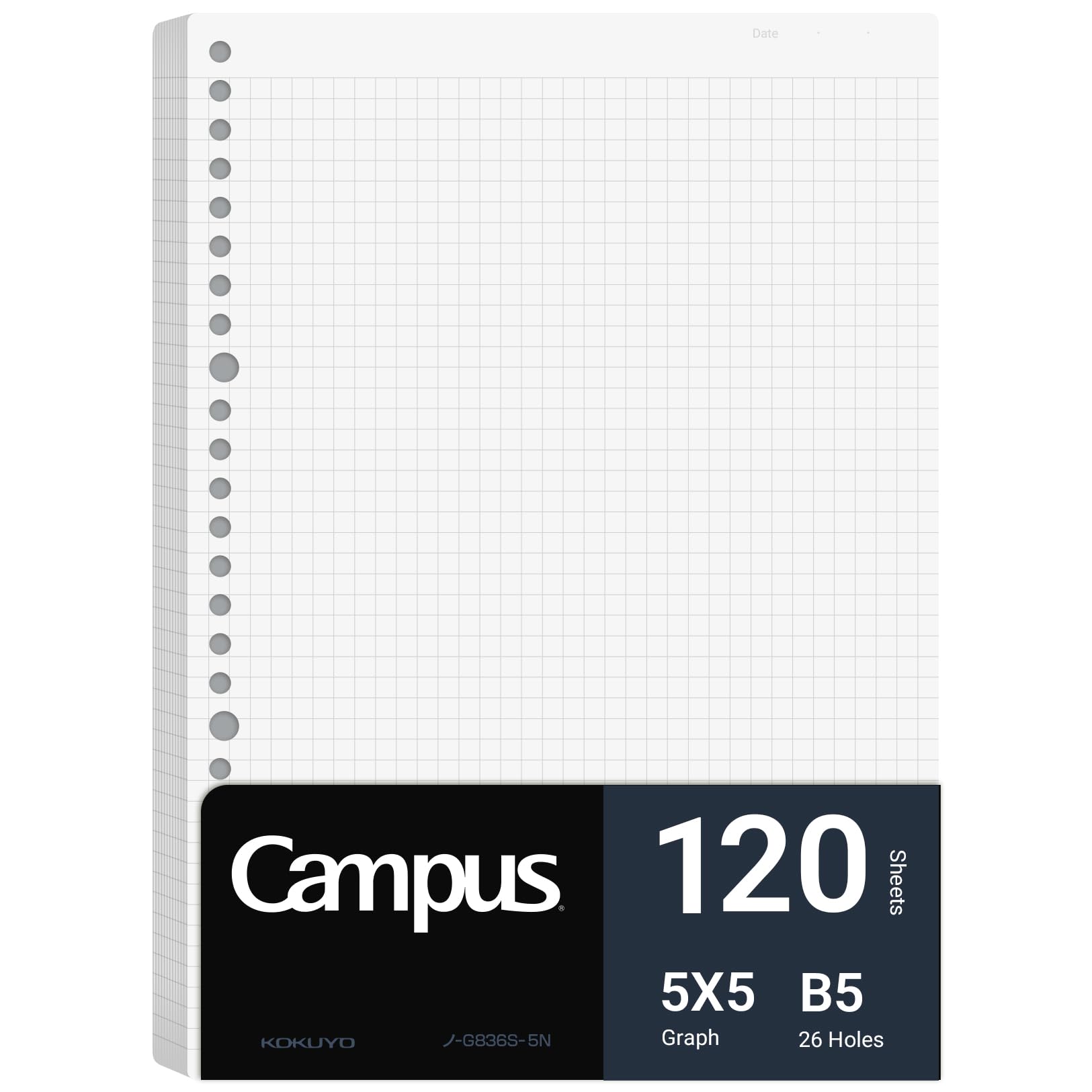 Kokuyo Campus Loose Leaf Paper for Binders, Business Type, Sarasara Smooth Writing, B5, 5mm Grid Ruled, 26 Holes, 120 Sheets, pH Neutral, Bleed Resistant, Japan Import (NO-G836S-5N)