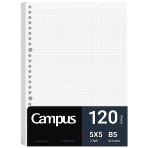 Kokuyo Campus Loose Leaf Paper for Binders, Business Type, Sarasara Smooth Writing, B5, 5mm Grid Ruled, 26 Holes, 120 Sheets, pH Neutral, Bleed Resistant, Japan Import (NO-G836S-5N)