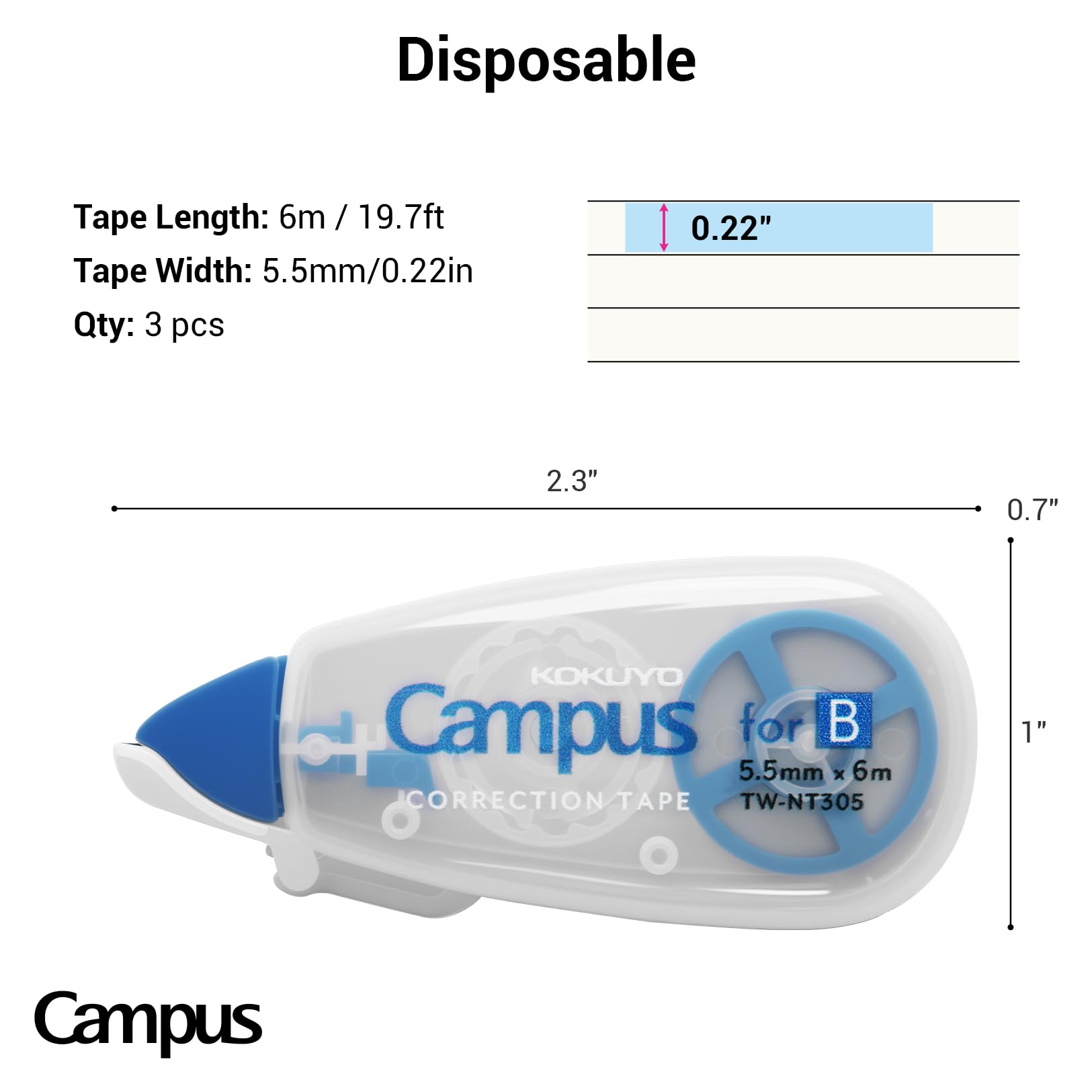 KOKUYO TW-NT305X3 Correction Tape for Campus Notes, For B Rule, 19.8 ft (6 m), Blue, Pack of 3
