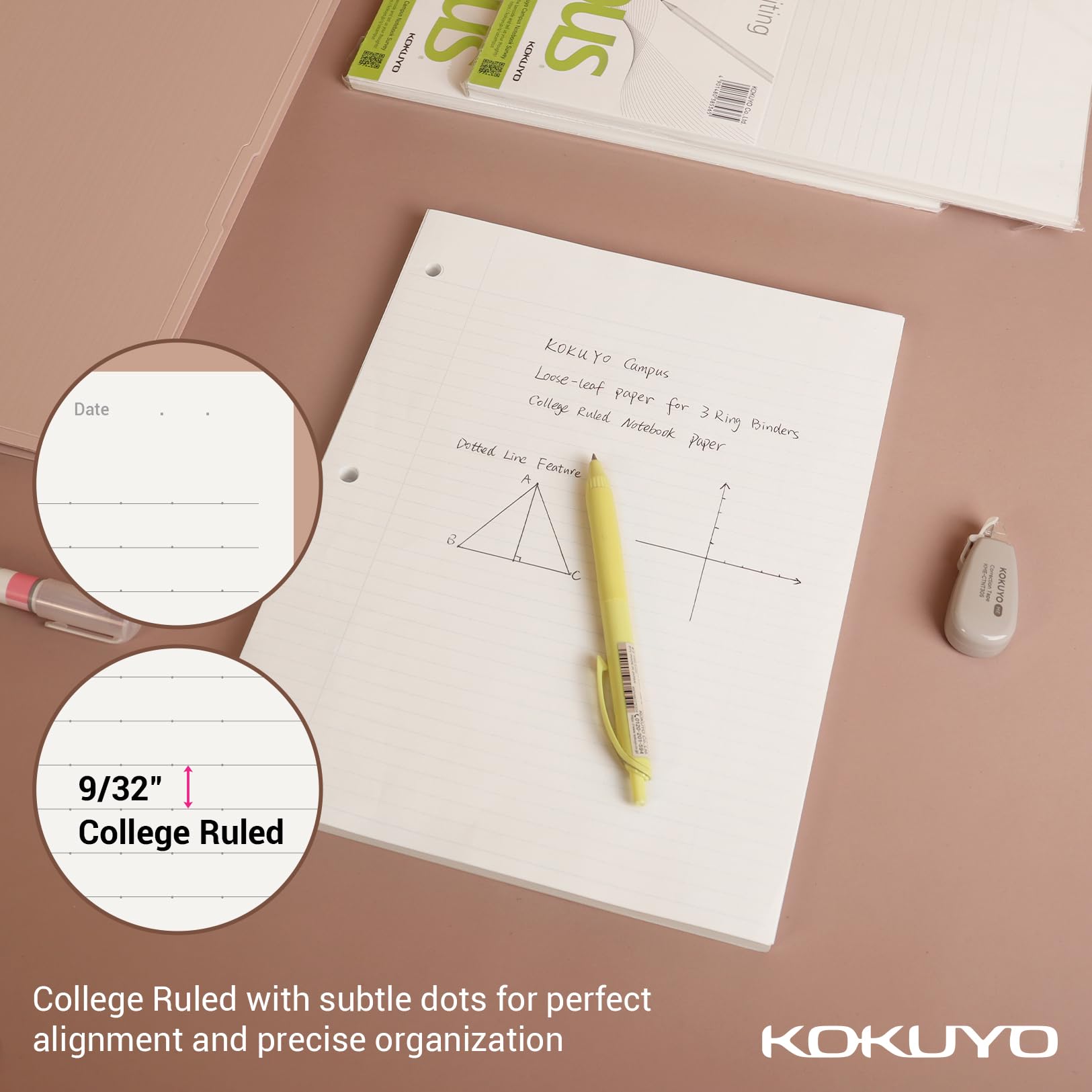 Kokuyo Campus Loose Leaf Paper for 3 Ring Binders, 11” x 8-1/4” Smooth Writing Lined Paper, 500 Sheets, 70 GSM, College Ruled, Bleeding-Resistance, School Suppliers, Made in Japan (WSG-NO-887G1x5)