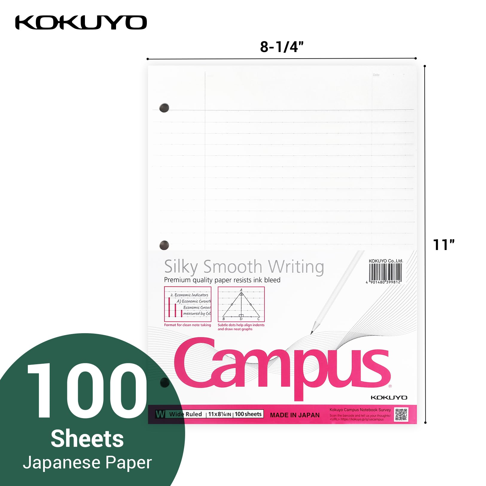 Kokuyo Filler Papers, 8-1/4"x11”, Wide Ruled 3 Hole Punched Loose Leaf Paper, 100 Sheets Bleed Resistance Notebook Paper, Japanese Smooth Lined Paper for 3 Ring Binders School Supplies, Japan Import