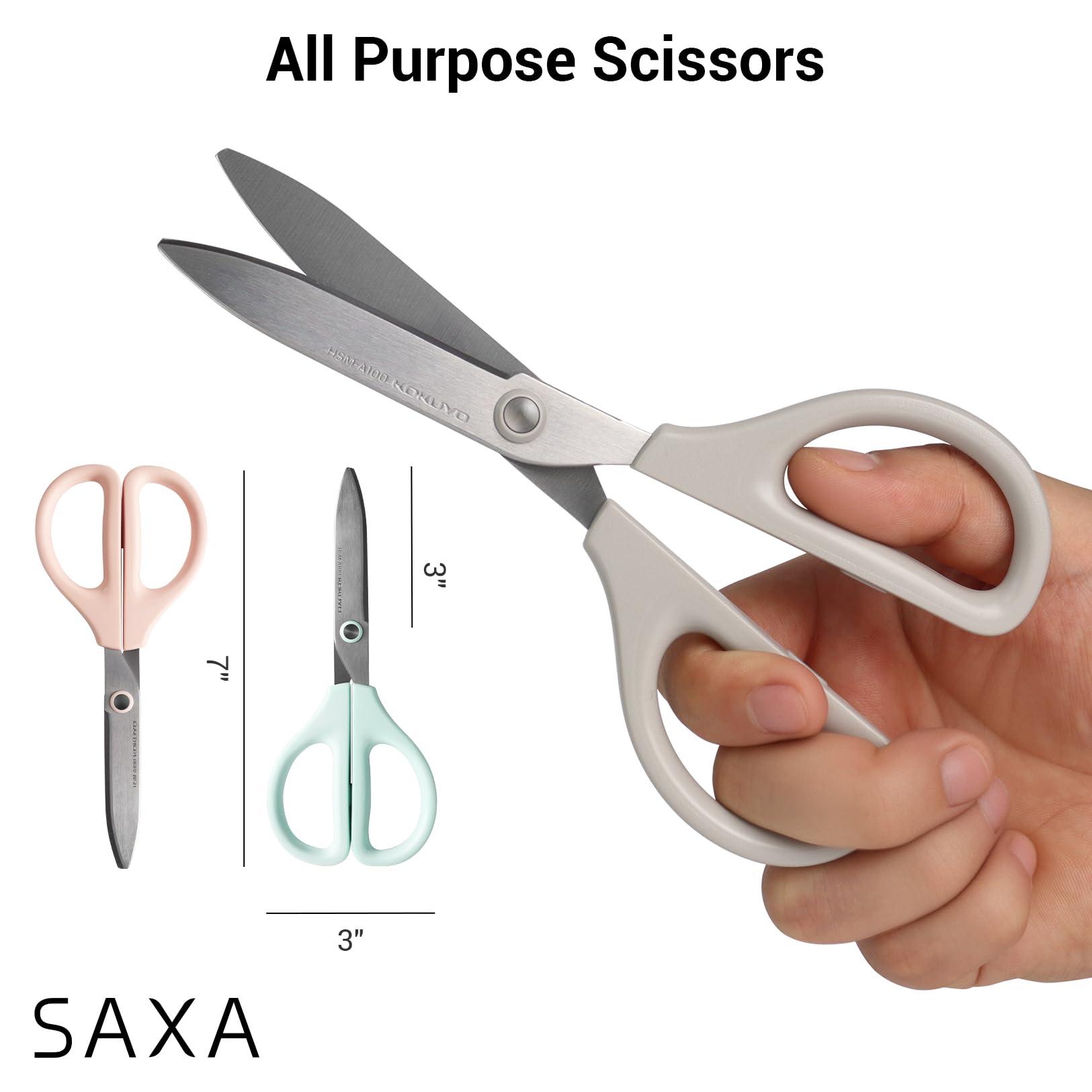 Kokuyo 3 Pack 7“ Scissor All purpose with Hybrid Arch Stainless Steel Blade, Pastel Pink Blue White, Sharper Cutting Performance Heavy Duty Cutter for Office Home School Craft Supplies (HSM-A100)