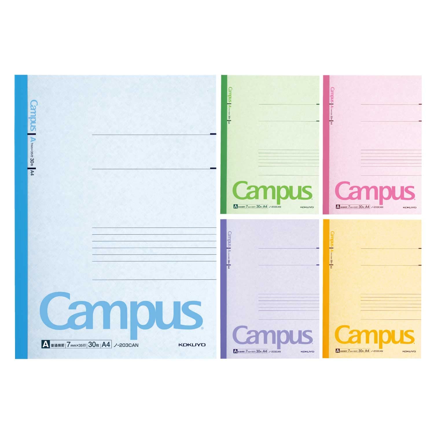 KOKUYO Campus Notebook, A 7mm(0.28in) Ruled, A4, 30 Sheets, 35 Lines, Pack of 5, 5 Colors, Japan Improt (NO-203CAX5)