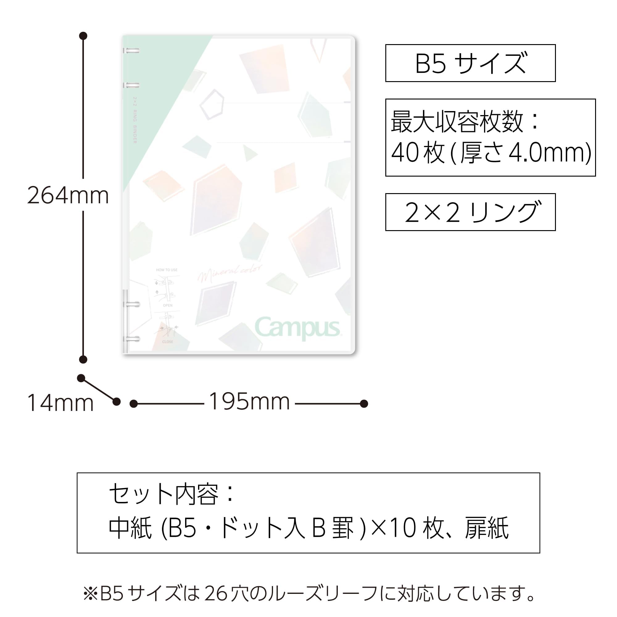 Kokuyo Campus Refillable Notebook, B5 2x2 Slim Ring Binder Notebook with Customizable Title Page, 40 Sheets Capacity. Suitable for 26 Holes Loose Leaf Paper, Mineral Color Sorbet Blue (Le-NP704-L1LB)