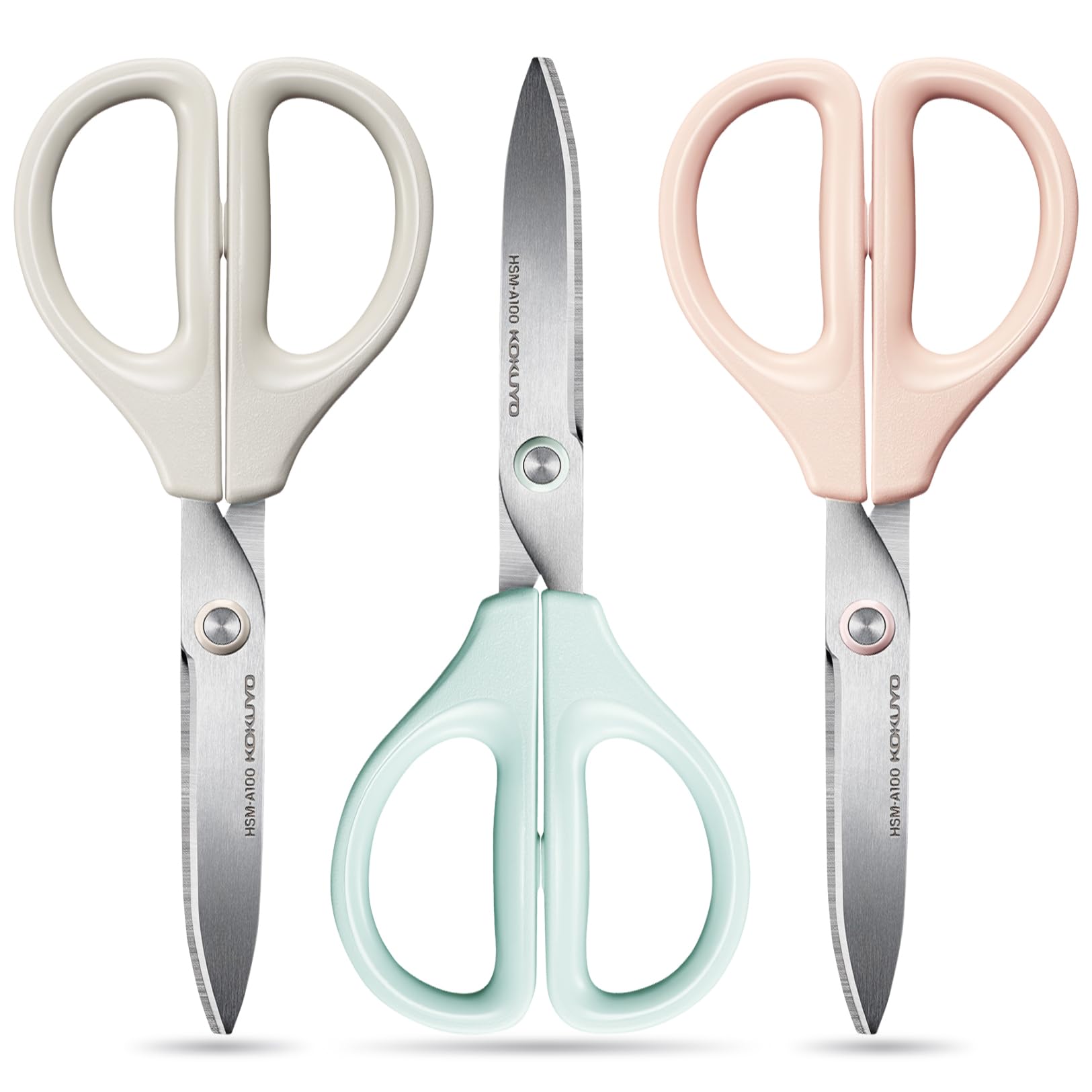 Kokuyo 3 Pack 7“ Scissor All purpose with Hybrid Arch Stainless Steel Blade, Pastel Pink Blue White, Sharper Cutting Performance Heavy Duty Cutter for Office Home School Craft Supplies (HSM-A100)