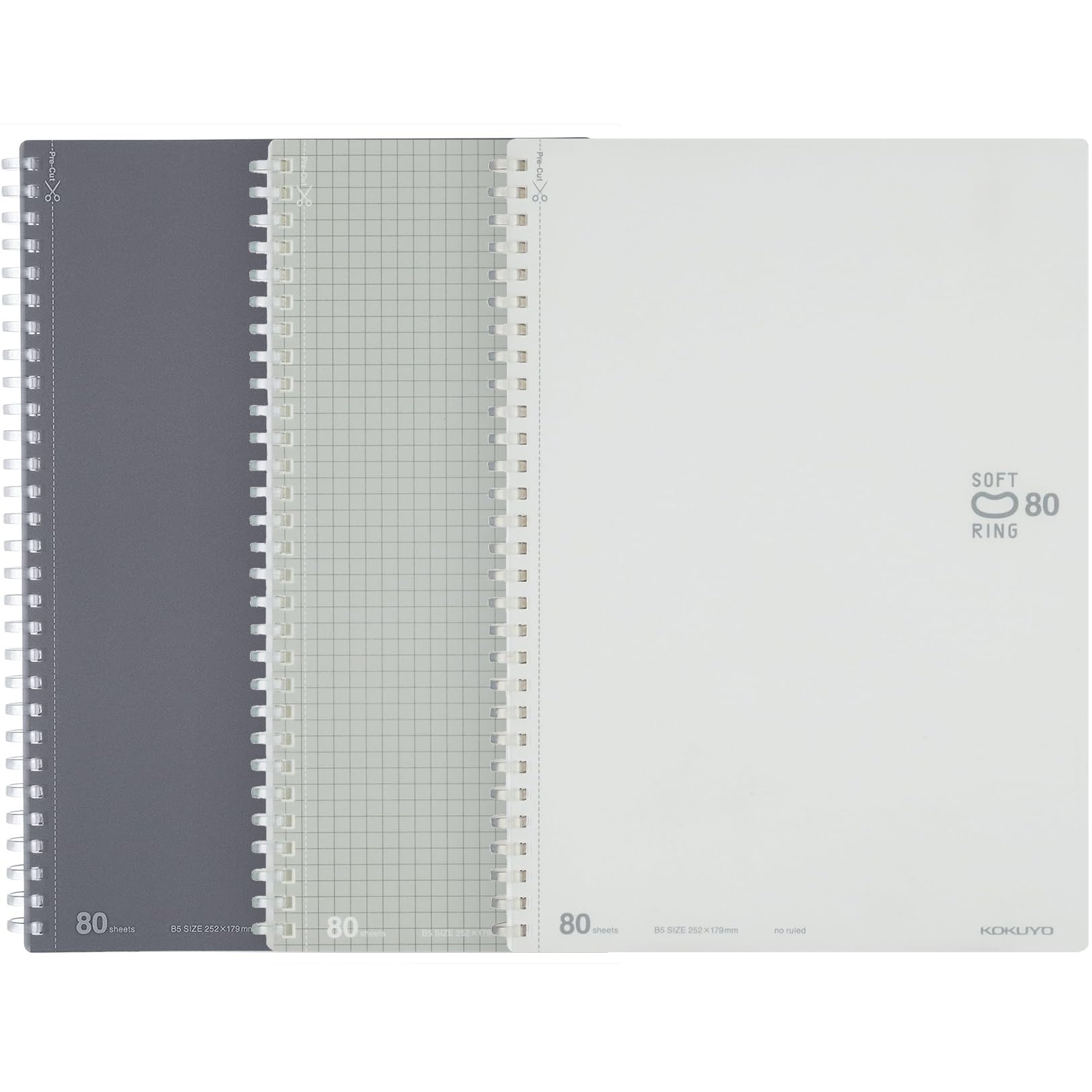 KOKUYO Spiral Notebooks Set, B5 Plain, 5x5 Graph, 6mm Dot Lined Journals, 80 Perforated Sheets, 10'' x 7'' Soft Ring Notebook with PVC Cover Note Taking for Work, Sliver Gray White. Japan Import