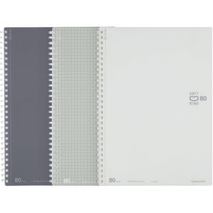 KOKUYO Spiral Notebooks Set, B5 Plain, 5x5 Graph, 6mm Dot Lined Journals, 80 Perforated Sheets, 10'' x 7'' Soft Ring Notebook with PVC Cover Note Taking for Work, Sliver Gray White. Japan Import