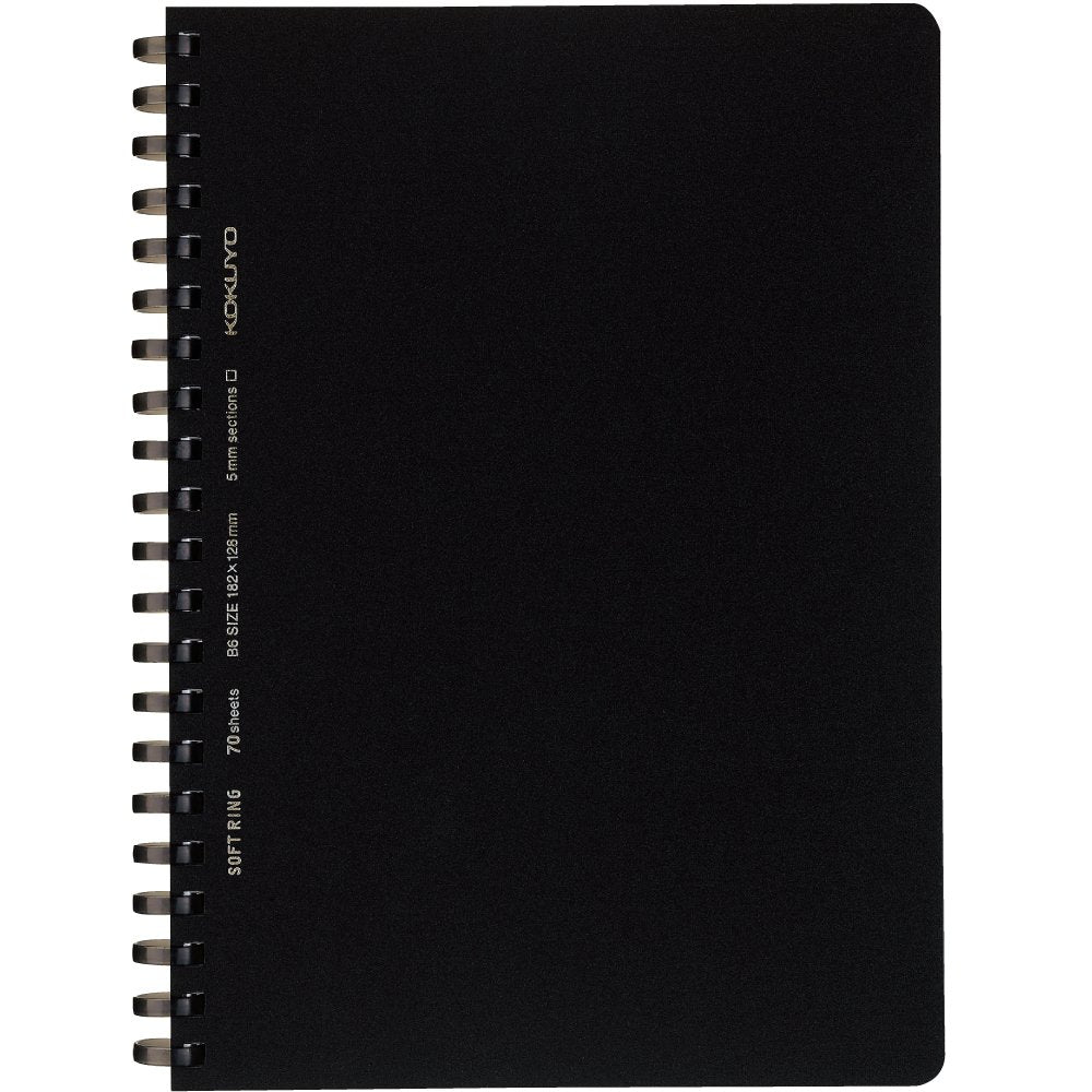 Kokuyo Spiral Graph Notebook, 7.2'' x 5'' Business Journal B6 Soft Ring Notebooks with 5mm Grid Ruled, 70 Perforated Sheets, Black 1 Subject Notebook, Note Taking for Work. Japan Import (SU-SV447S5-D)