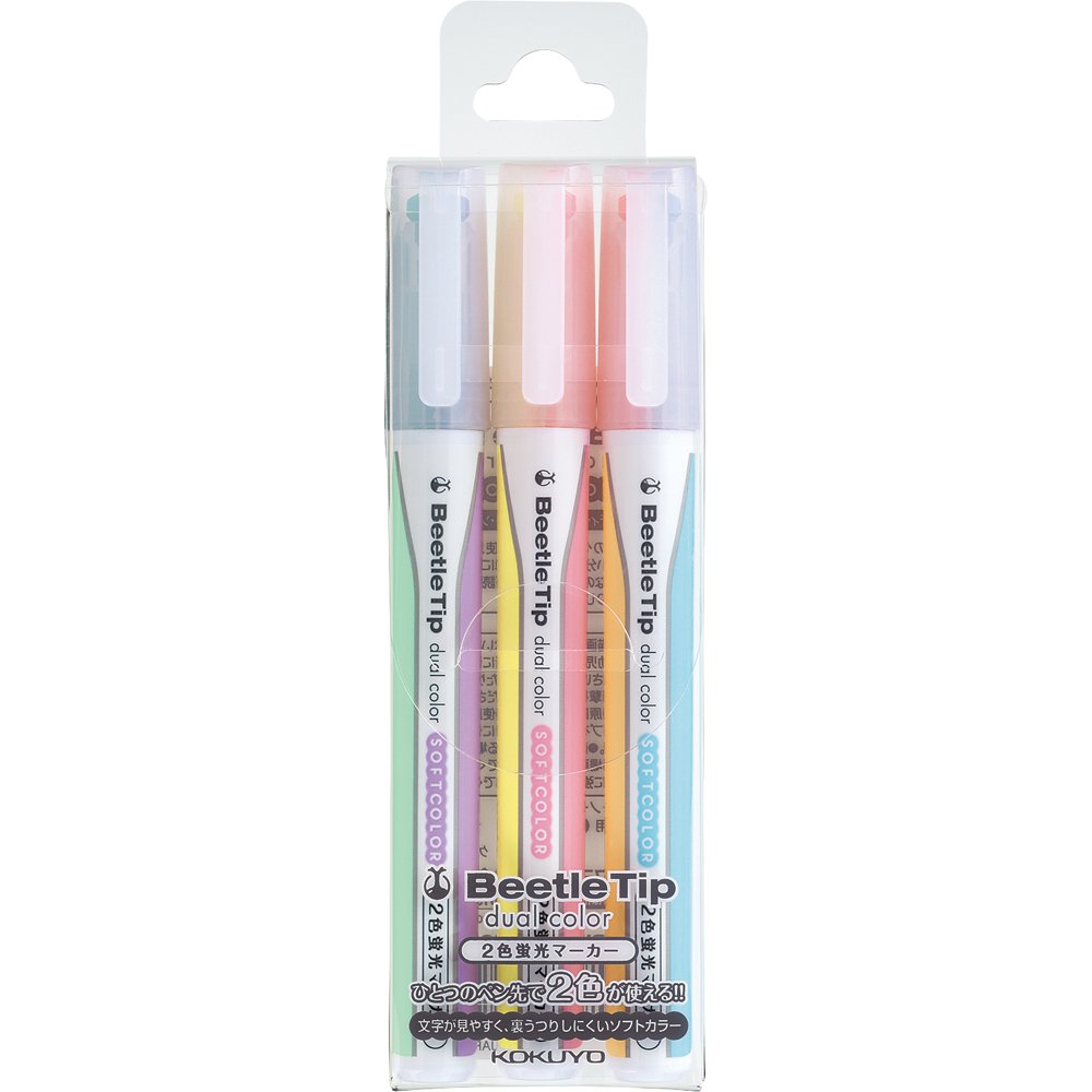 KOKUYO Beetle Tip Dual Color Highlighter, Fluorescent Markers, Soft Colors Set, Japan Import (PM-L313-3S)