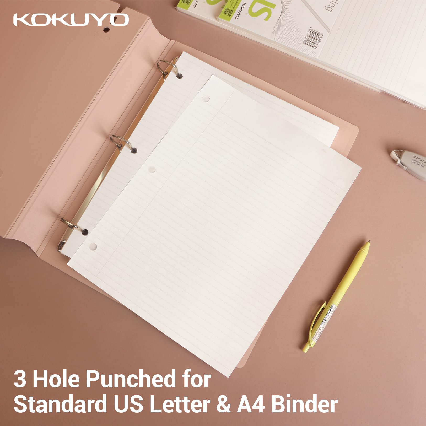 Kokuyo Campus Loose Leaf Paper for 3 Ring Binders, 11” x 8-1/4” Smooth Writing Lined Paper, 500 Sheets, 70 GSM, College Ruled, Bleeding-Resistance, School Suppliers, Made in Japan (WSG-NO-887G1x5)