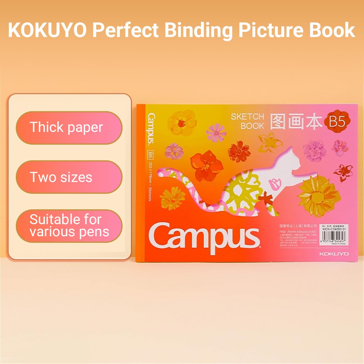Kokuyo 7" x 10" Sketch Book, Lay Flat B5 Marker Pad, 30 Sheets 110gsm Acid-Free Drawing Papers, Art Sketchbook for Drawing Pad for Kids Artists & Beginners Art Supplies for Adults, Pink