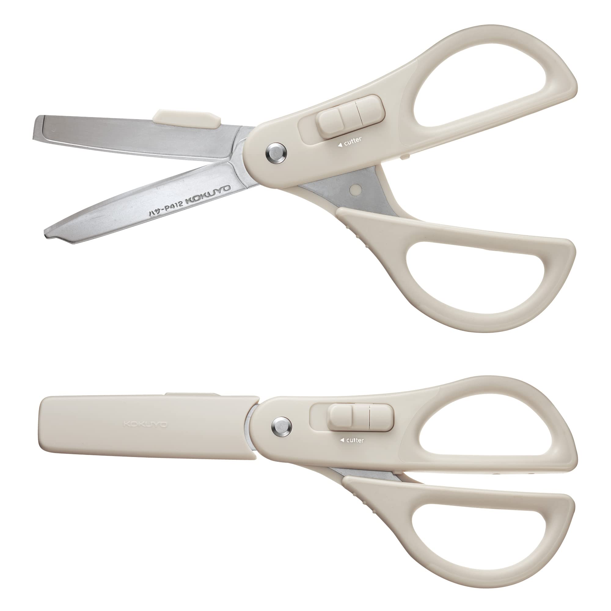 KOKUYO 2-Way All Purpose Scissor, HAKO-AKE Heavy Duty Regular Size Travel Scissors, Stainless Steel Blade Multiple Purpose Craft Scissor Box Cutter for Office, Travel and Home. Off-White (HASA-P412LM)