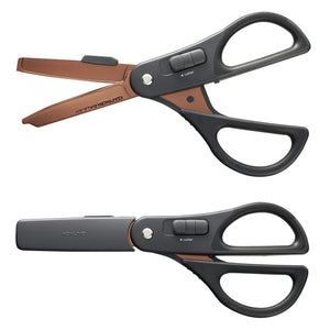 KOKUYO 2-Way All Purpose Scissor, HAKO-AKE Heavy Duty Regular Size Travel Scissors, Titanium Blade Multiple Purpose Craft Scissor Box Cutter for Office, Travel and Home. Black (HASA-PT412D)