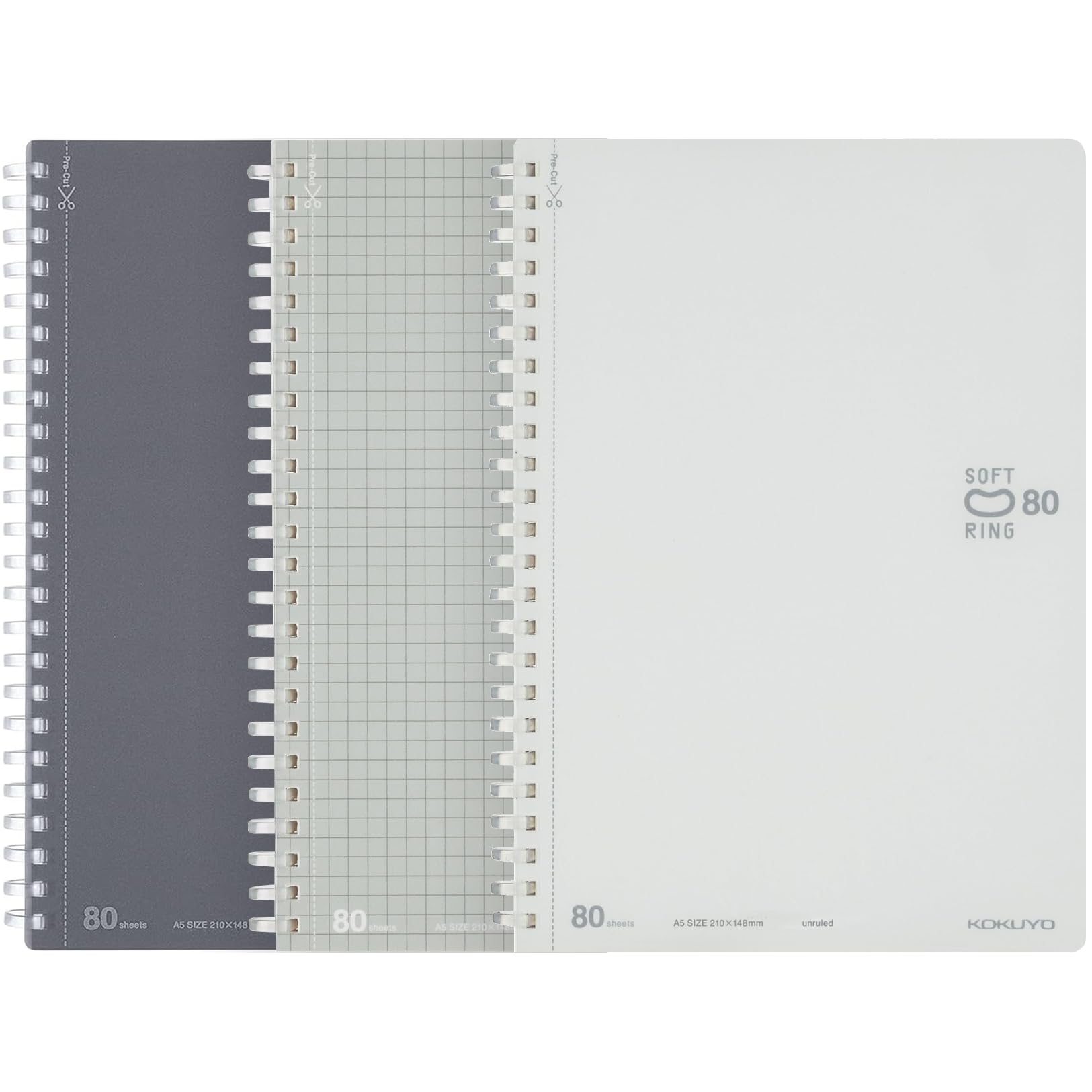 KOKUYO Spiral Notebooks Set, A5 Plain, 5x5 Graph, 6mm Dot Lined Journals, 80 Perforated Sheets, 8.3'' x 5.8'' Soft Ring Notebook with PVC Cover Note Taking for Work, Sliver Gray White. Japan Import