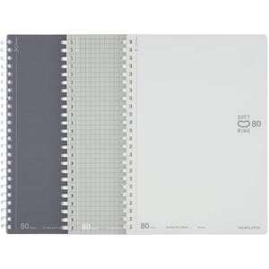 KOKUYO Spiral Notebooks Set, A5 Plain, 5x5 Graph, 6mm Dot Lined Journals, 80 Perforated Sheets, 8.3'' x 5.8'' Soft Ring Notebook with PVC Cover Note Taking for Work, Sliver Gray White. Japan Import