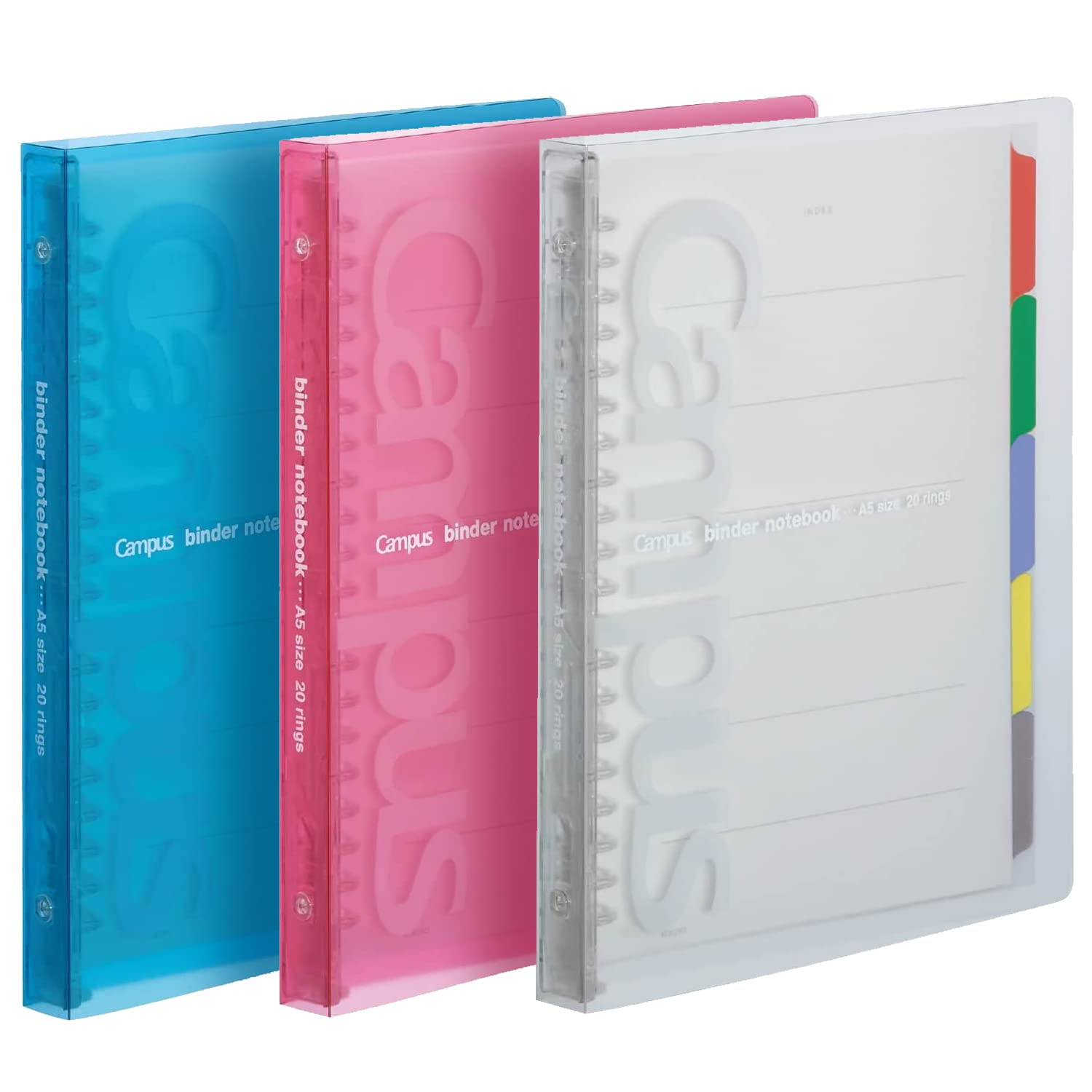 Kokuyo Campus Slide Binder with 5 Tab Dividers, Slim Type, A5, 20 Holes, Up to 65 Sheets, 3 Colors of Blue, Pink & Transparent, Japan Import (RU-P133)