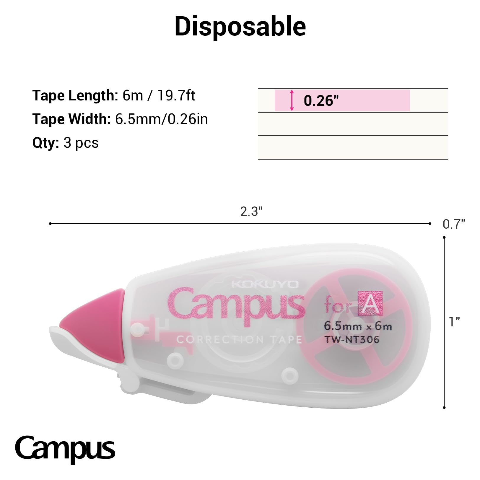 KOKUYO TW-NT306X3 Correction Tape for Campus Notebooks, Single Use Type, A Ruled, Width 0.2 inches (6.5 mm) x 6 m (3 Pack)