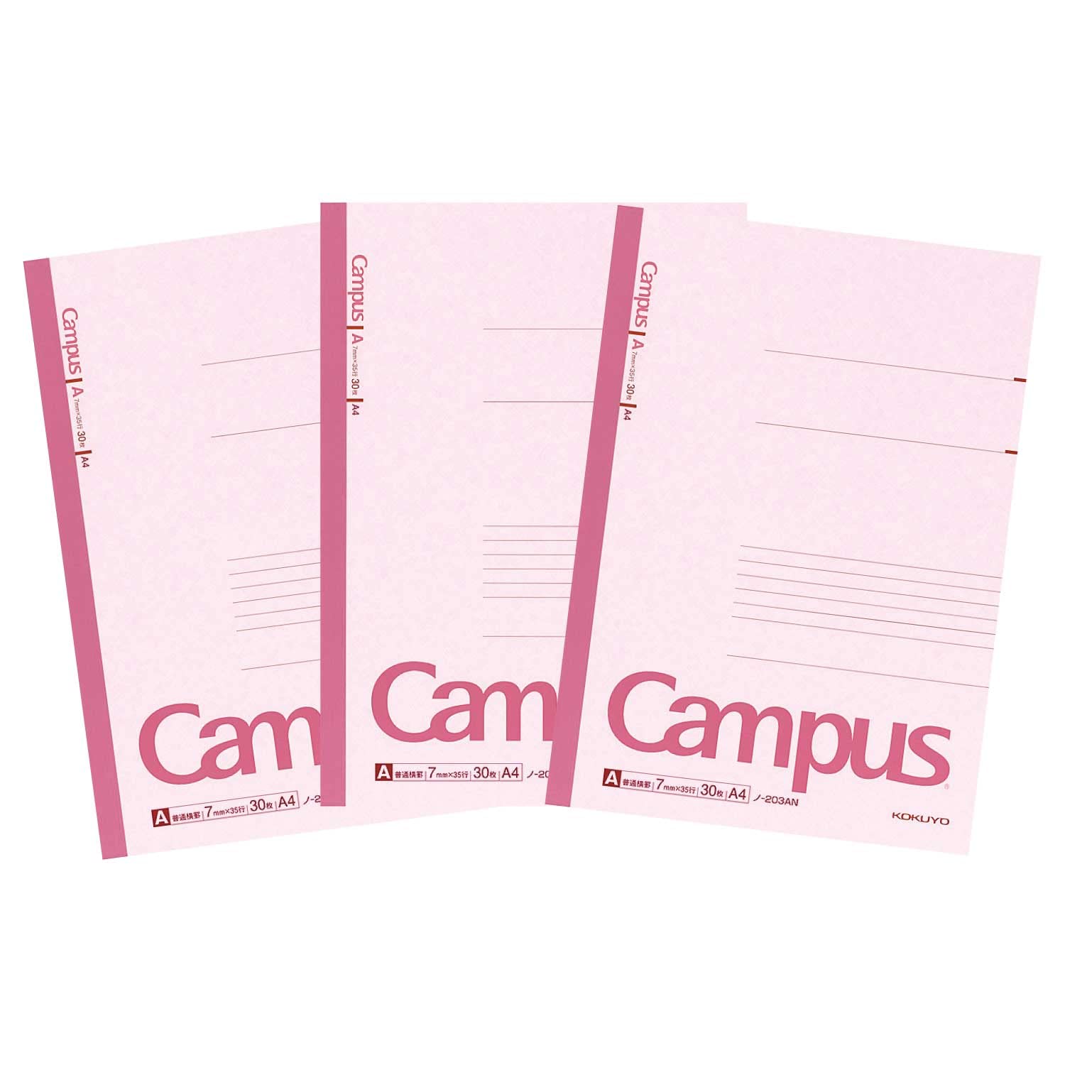 KOKUYO Campus Notebook, A 7mm Ruled, A4, 30 Sheets, 35 Lines, Pink, Pack of 3, Japan Import (NO-203AX3)