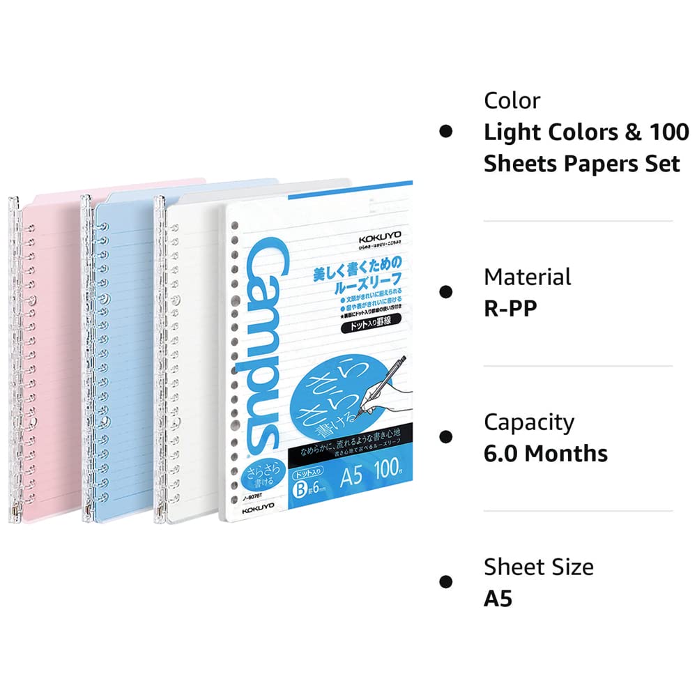 Kokuyo Campus Smart Ring Binders 3 Pack, A5 Binder Notebooks + 100 Campus Loose-Leaf Paper, 25 Sheet Capacity, 20 Ring, Slim Binder Folder for Meeting and Classes, Vivid Color, Japan Import