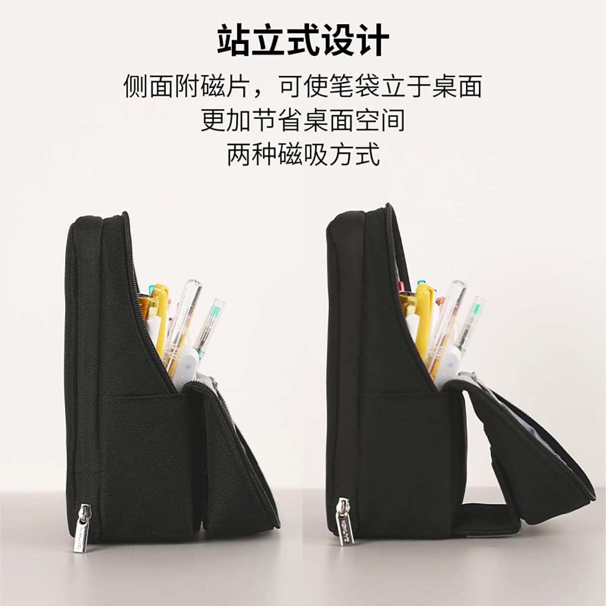 KOKUYO Pencil Case Pouch, Standing Pen Pouch Bag, Foldable Magnetic Stand up Phone Pencil Holder Organizer, Large Capacity Portable Pencil Box for School Office Supplies. (Mag Critz Neo - Black)