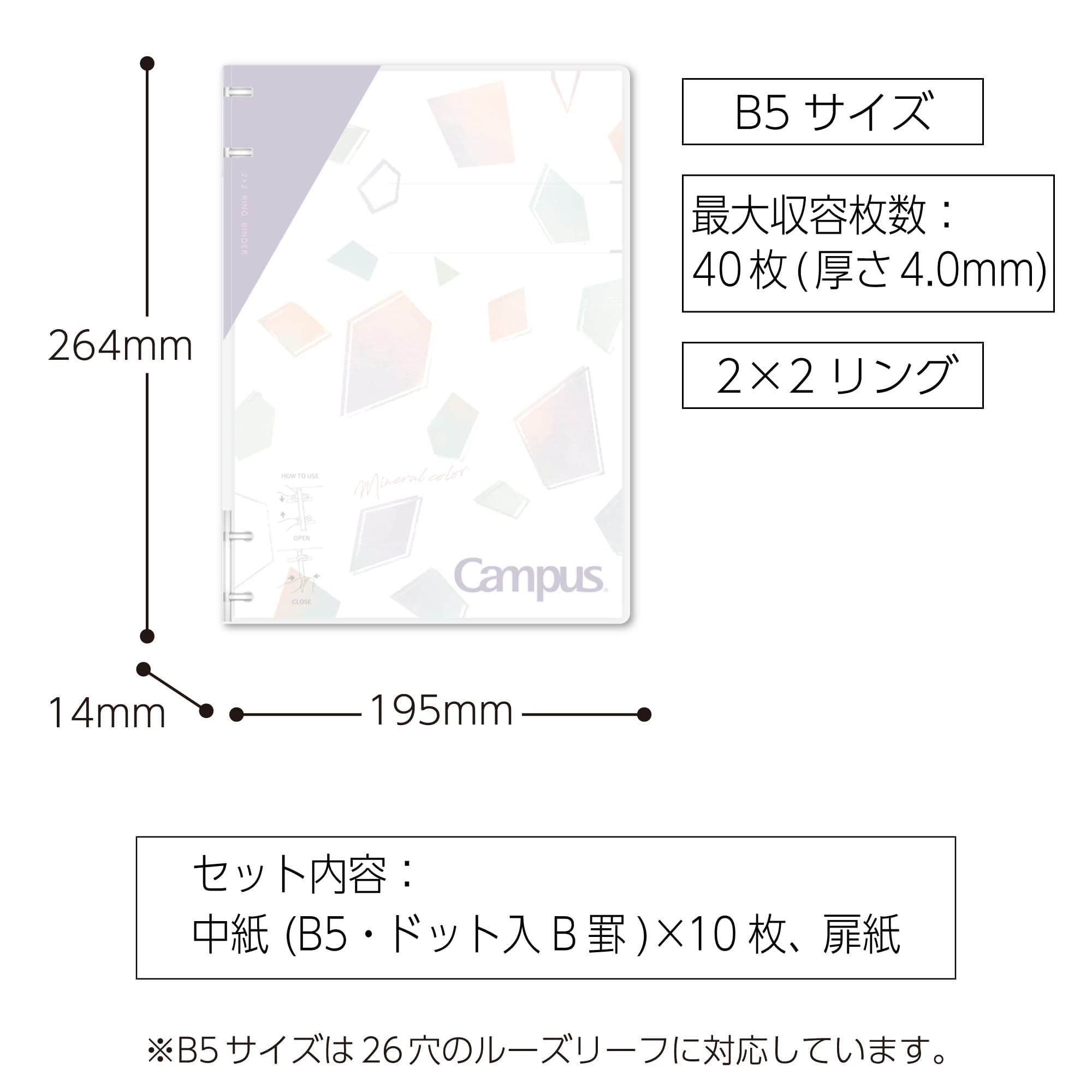Kokuyo Campus Refillable Notebook, B5 2x2 Slim Ring Binder Notebook with Customizable Title Page, 40 Sheets Capacity. Suitable for 26 Holes Loose Leaf Paper, Mineral Color Sheer Purple (Le-NP704-L1V)