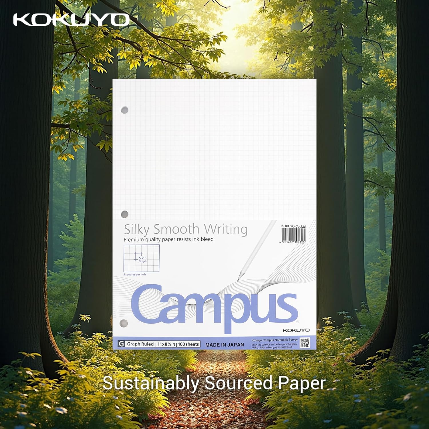 KOKUYO 5x5 Graph Paper, 8.25x11 Inches, 500 Sheets Loose Leaf Paper, Smooth Writing Surface, Bleed Resistant Filler Paper for Math, Engineering, Art Projects (Japan Import)