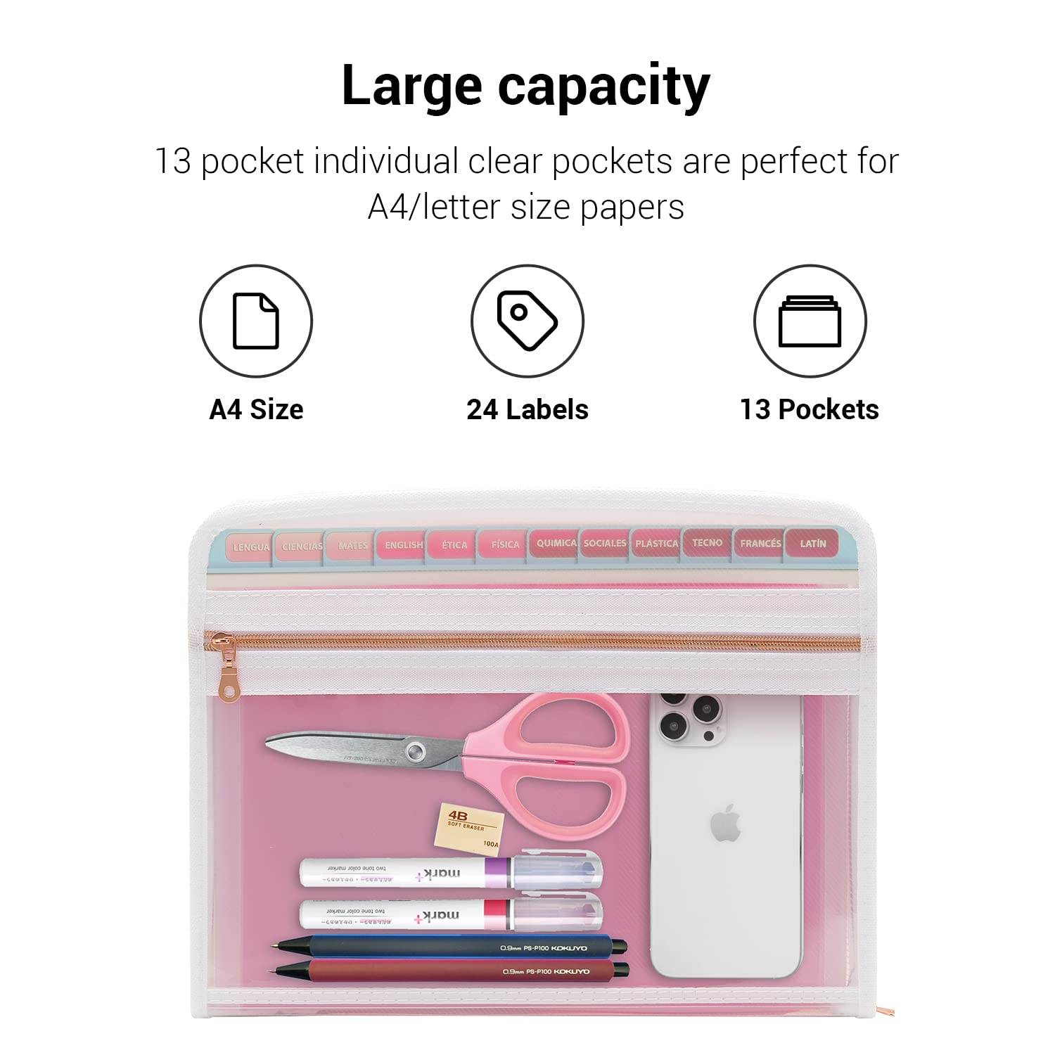 Mukawa 13 Pocket Zippered Expanding File Folder, Accordion File Organizer for Documents Letter Size A4 Papers (Pink)
