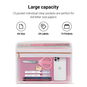 Mukawa 13 Pocket Zippered Expanding File Folder, Accordion File Organizer for Documents Letter Size A4 Papers (Pink)