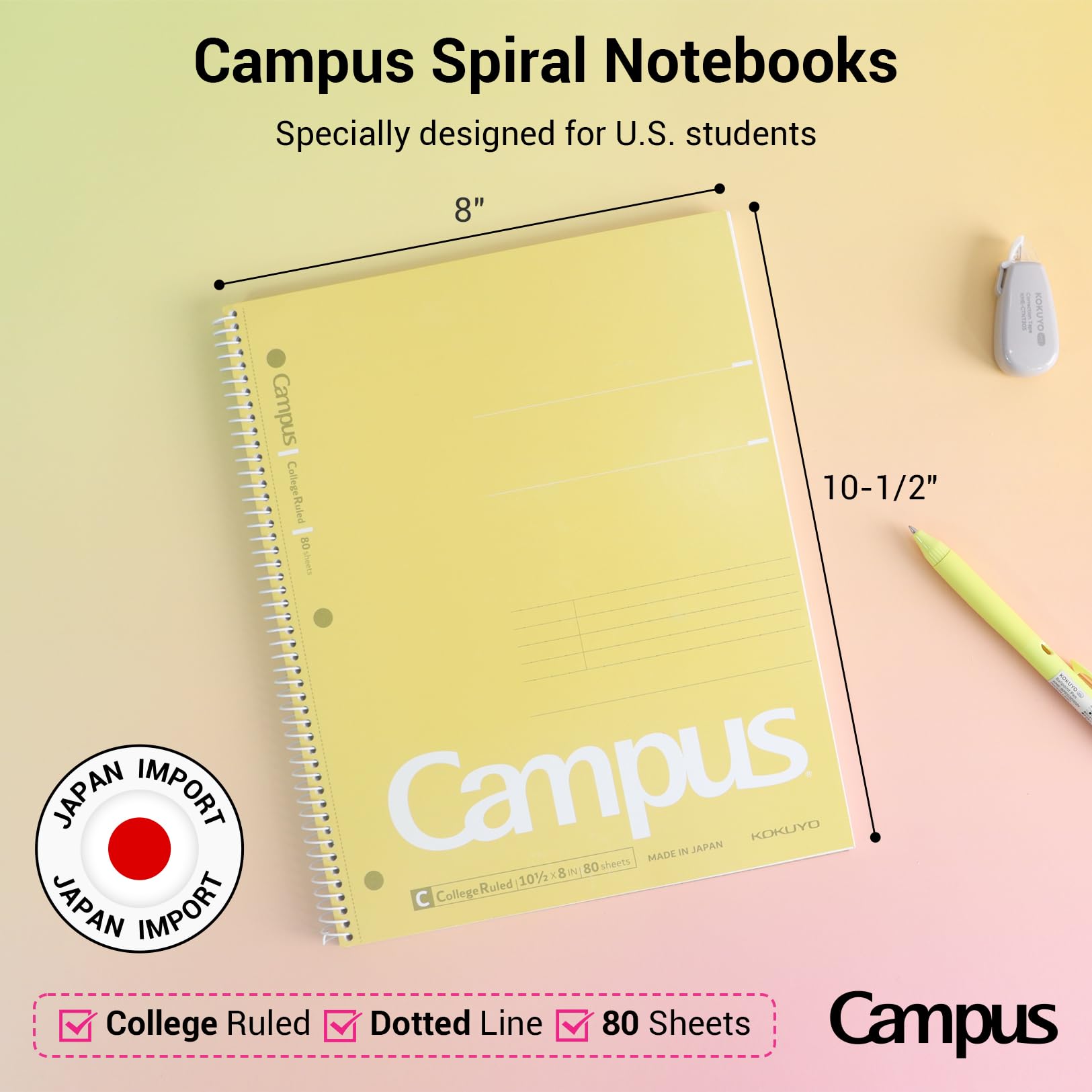KOKUYO Spiral Notebook, 3 Pack Campus 10-1/2" x 8" Subject Notebooks with College Ruled, 80 Sheets, 3 Holes School Spiral Journal for Work Study Note Taking (Yellow, Orange, Purple)