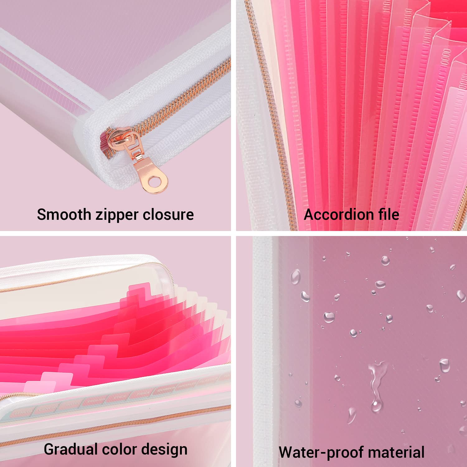 Mukawa 13 Pocket Zippered Expanding File Folder, Accordion File Organizer for Documents Letter Size A4 Papers (Pink)