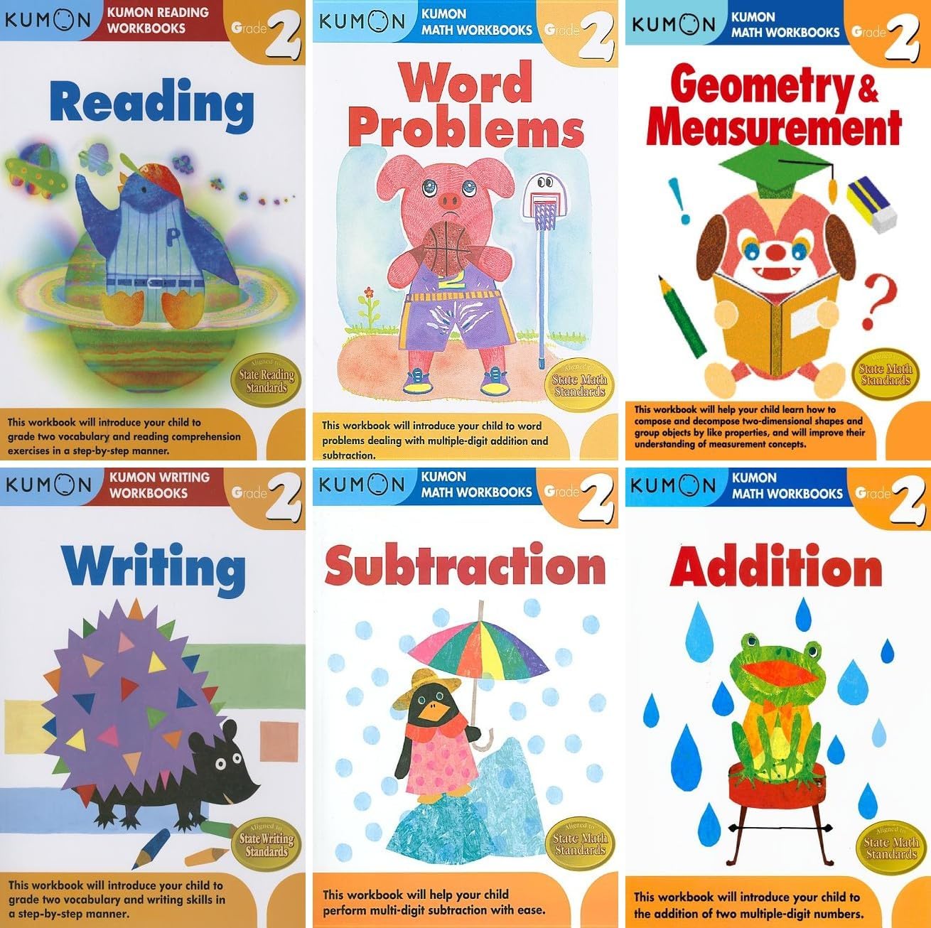 Kumon Grade 2 Complete Set (6 Workbooks) - Addition, Subtraction, Geometry&Measurement, Word Problems, Reading, Writing