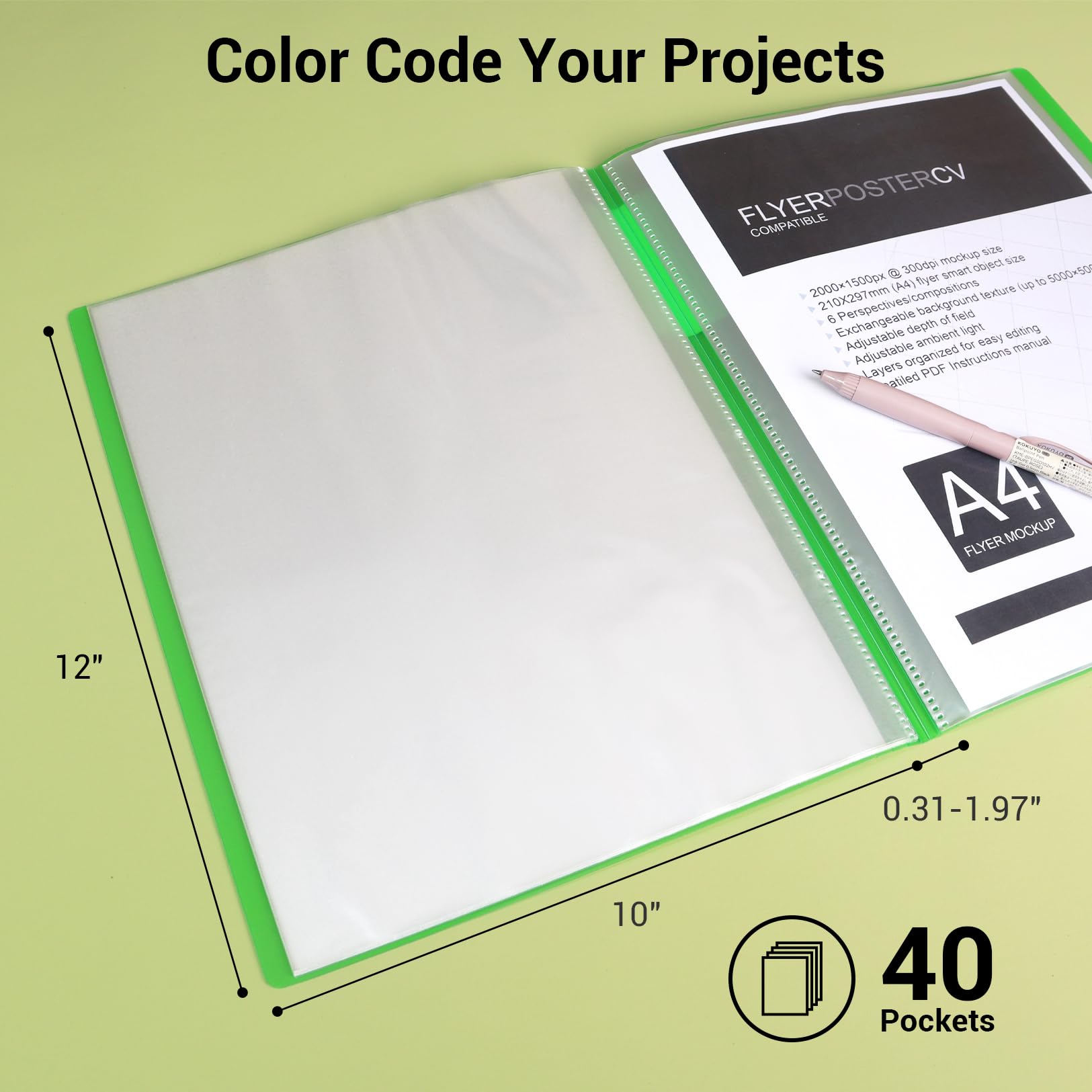 Kokuyo 40-Pocket Binder with Plastic Sleeves 8.5"x11" (Yellow), A4 and US Letter Expandable Art Portfolio Folder with Clear Sheet Protectors. 80 Pages of Presentation Display Book. (RA-N40Y)
