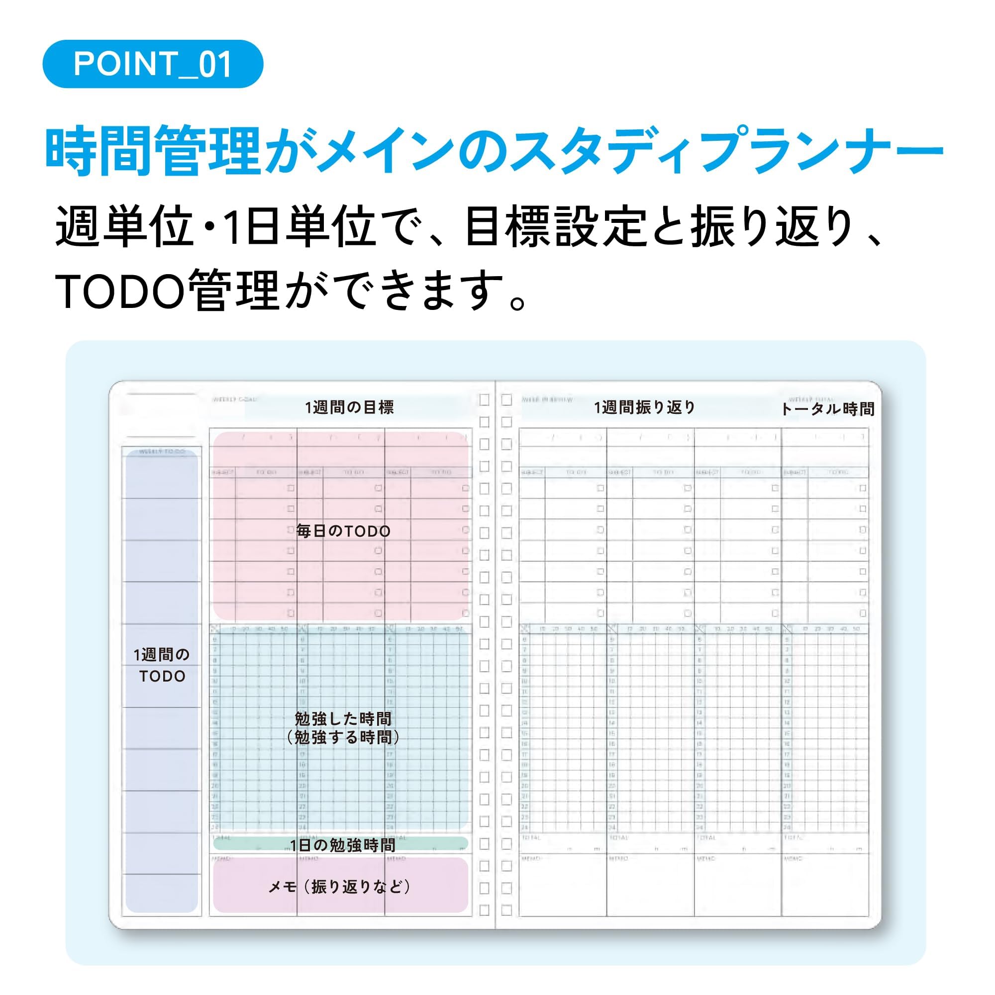 KOKUYO Study Planner Notebook, 10'' x 7'' Time Log B5 Soft Ring Notebooks, 41 To Do Plan Sheets, Green Spiral Notebook, Time Management. Japan Import (SU-SY111TL-G)