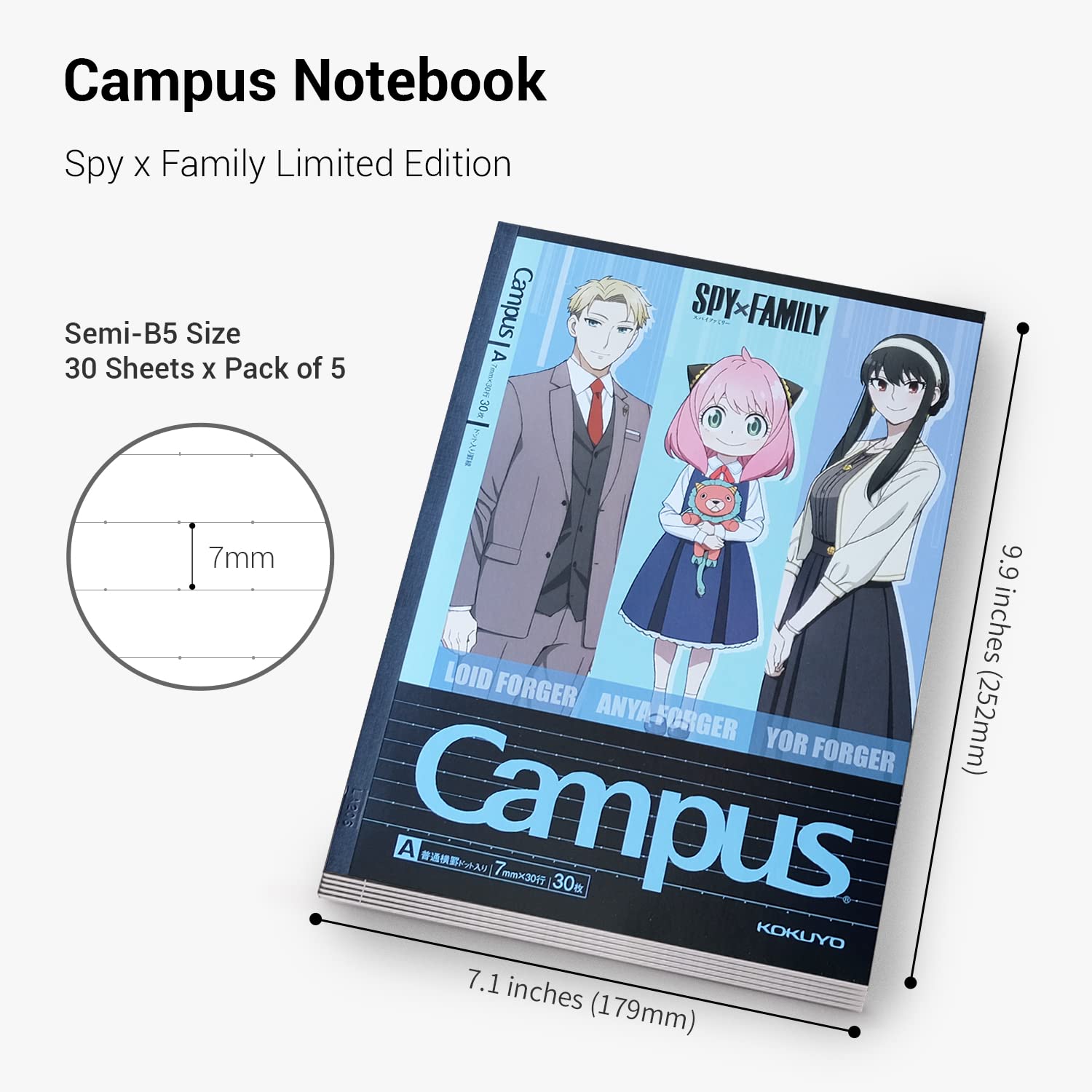 KOKUYO Composition Notebooks, 5 Pack Campus Semi-B5 Comp Book with Dot A 7mm Ruled, 30 Sheets, School Lined Notebook Spy x Family Limited Edition, Journal Notebook for Women Work Study Note Taking