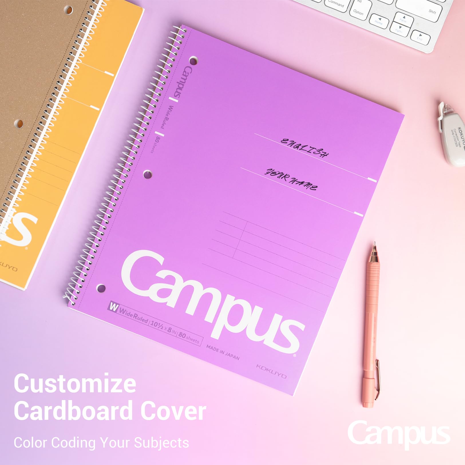 KOKUYO Spiral Notebook, 3 Pack Campus 10-1/2" x 8" Subject Notebooks with Wide Ruled, 80 Sheets, Purple Orange Turquoise 3 Holes School Spiral Journal for Work Study Note Taking (WSG-SU-400G3×3)