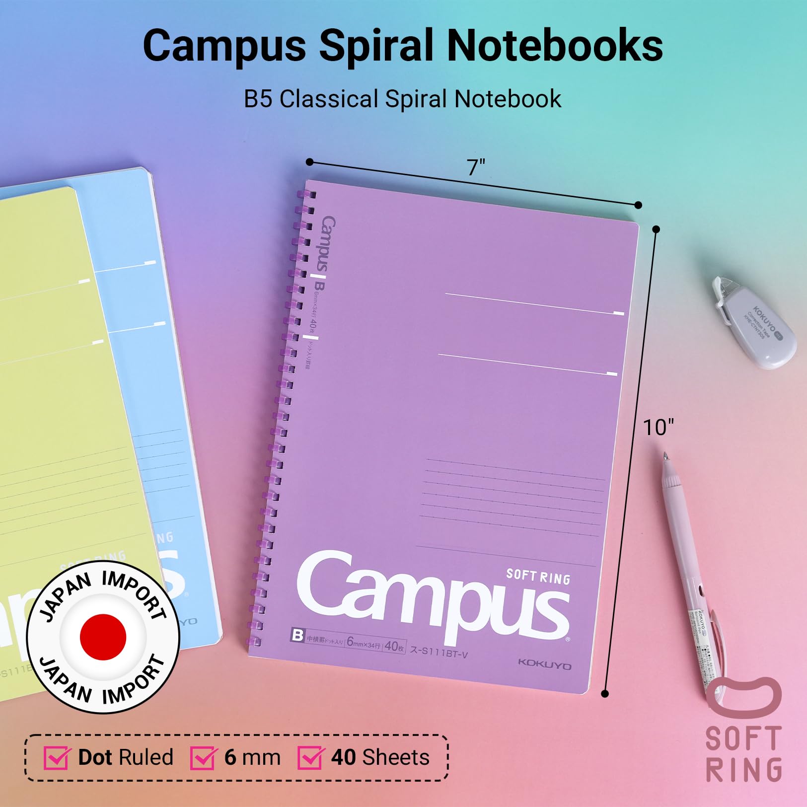 KOKUYO Spiral Lined Notebook, 5 Pack 10'' x 7'' Pastel Journal B5 Campus Soft Ring Notebooks with Dot 6 mm Ruled, 40 Sheets, 1 Subject Notebook, Note Taking for School. Japan Import (SU-S111BT)
