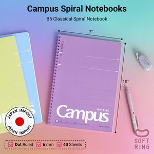 KOKUYO Spiral Lined Notebook, 5 Pack 10'' x 7'' Pastel Journal B5 Campus Soft Ring Notebooks with Dot 6 mm Ruled, 40 Sheets, 1 Subject Notebook, Note Taking for School. Japan Import (SU-S111BT)