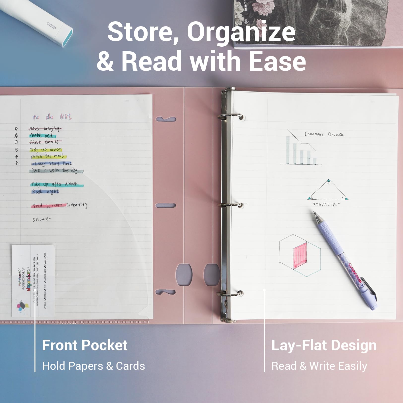 MUKAWA 1 Inch 3 Ring Binder, D-Ring Binder Holds 250 Sheets, PP Cover with Writable Spine Label, Lay-Flat Design, Letter Size 8.5x11, Lightweight for School, Office & Home Organization, 1 Pack, Pink